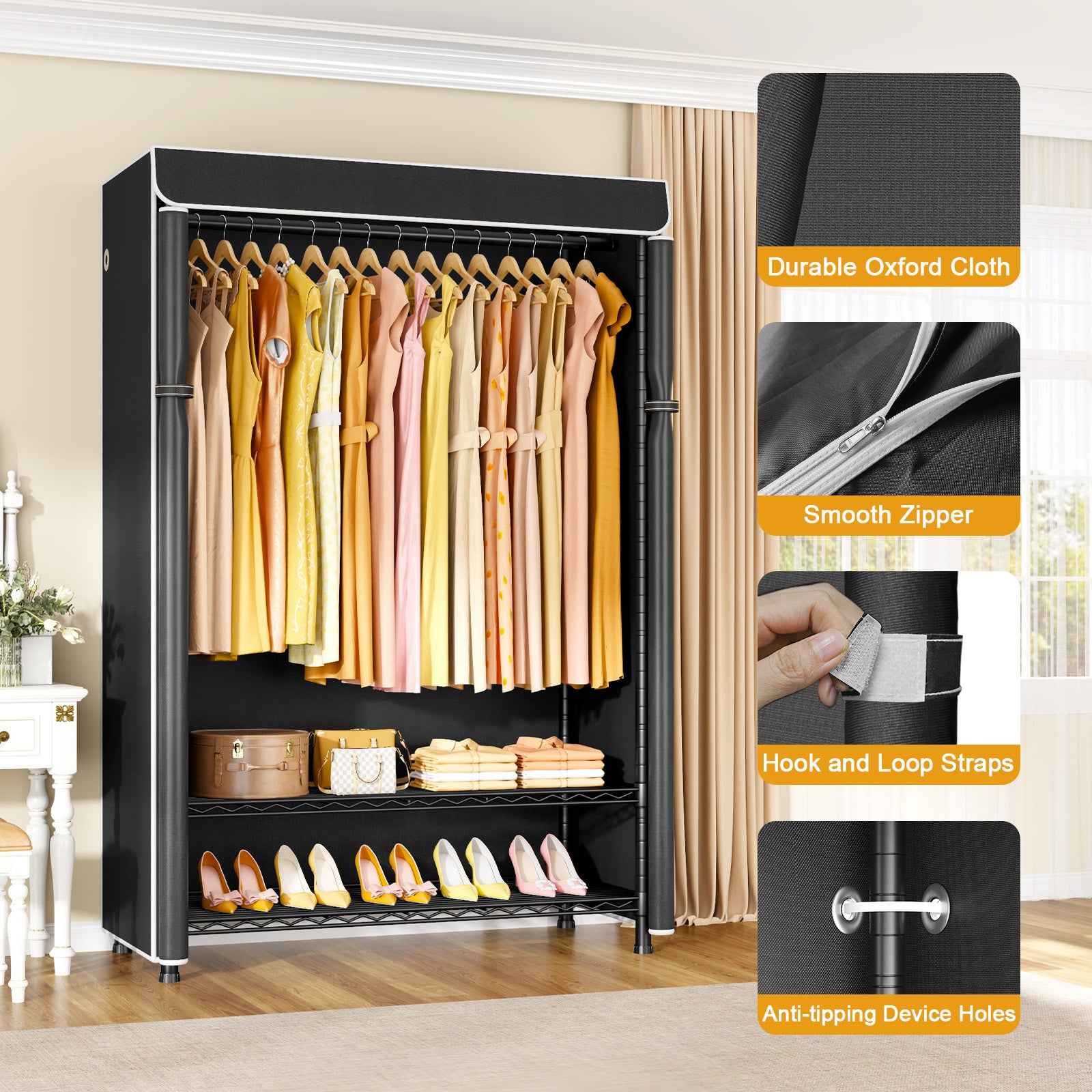 H5C Plus Clothes Rack with Cover, Portable Closet for Hanging Clothes, Covered Clothing Racks Heavy Duty, 3-Tiers Garment Rack with Shelves Max Load 370LBS