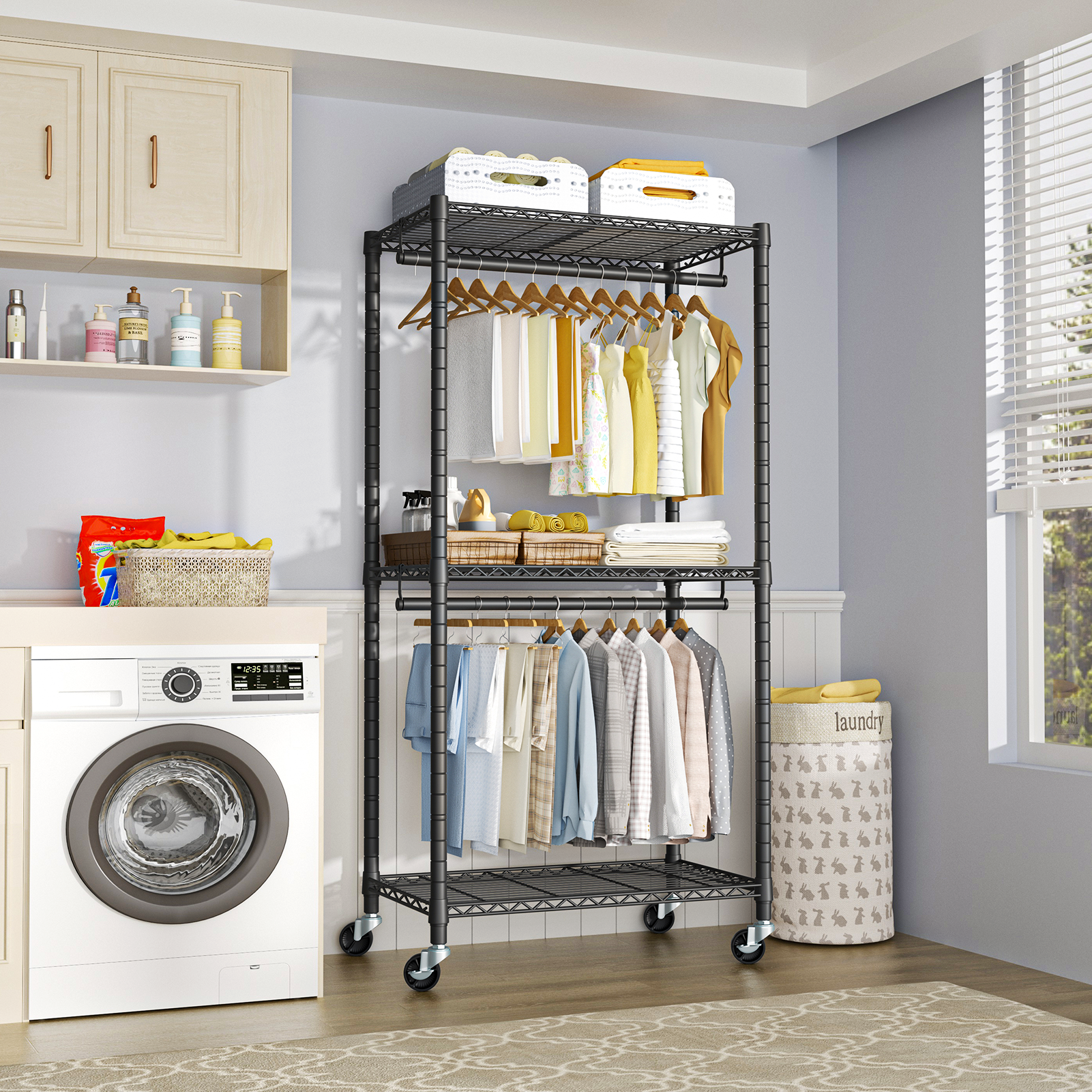 P1 Medium Single Column Garment Rack (Black), 30"W, 360LBS Load & 3 Adjustable Wire Shelves