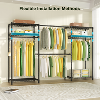 E1 70-88.2" Extendable Triple Column Garment Rack (Black), 6-Tier Shelves & 4 Hanger Rods