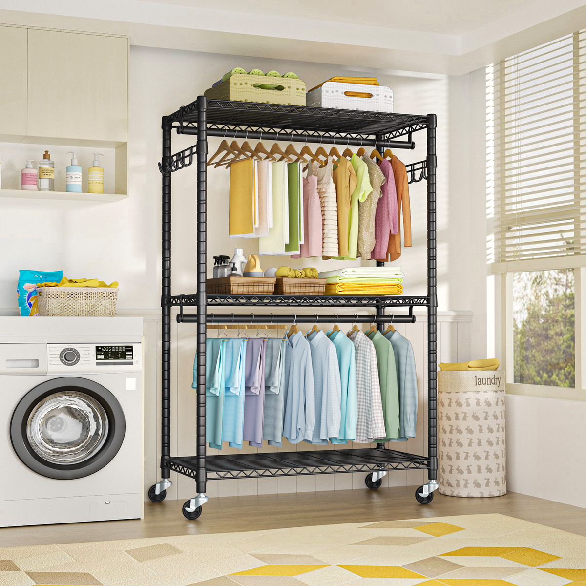 P1 Plus Single Column Rolling Garment Rack (Black), 45"W, 524LBS Load & 3 Adjustable Wire Shelves