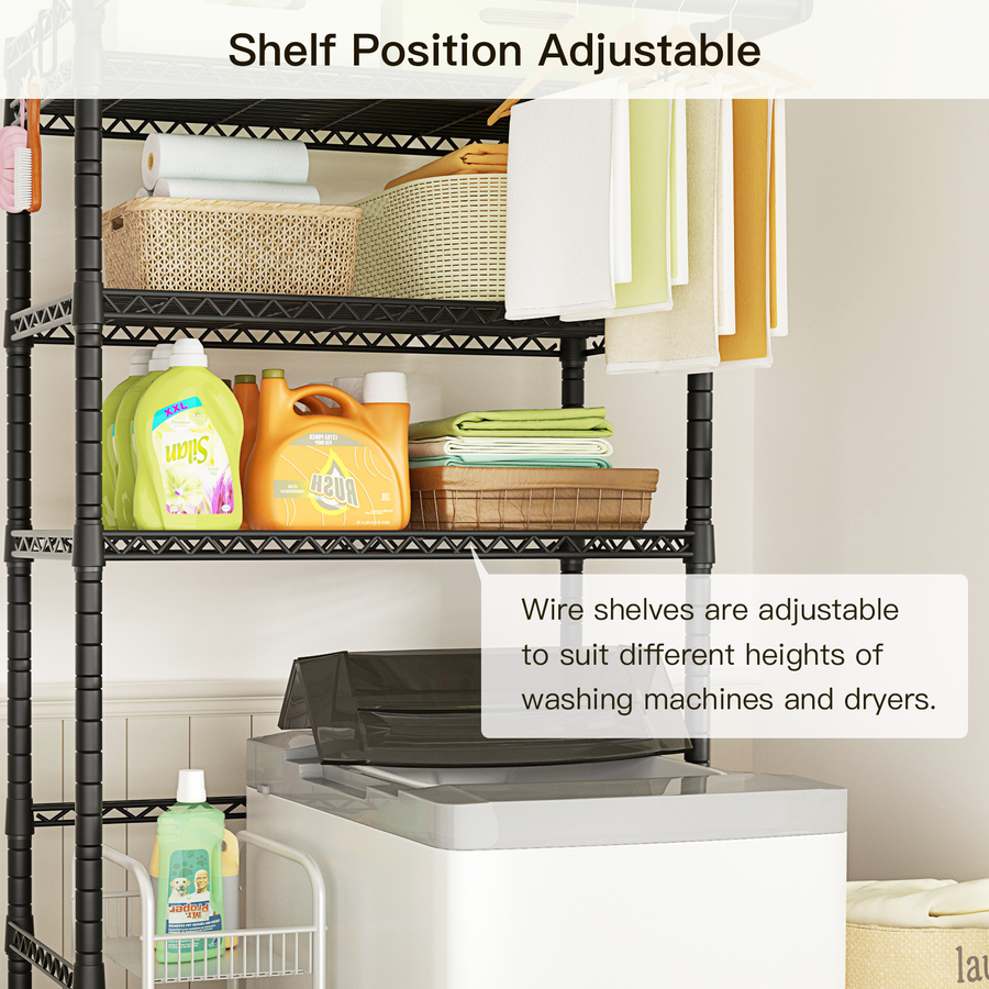 U11 Over-Washer Garment Rack, ≤31.4" Washer Fit, 3-Tier Shelves & Front Hanger Rod