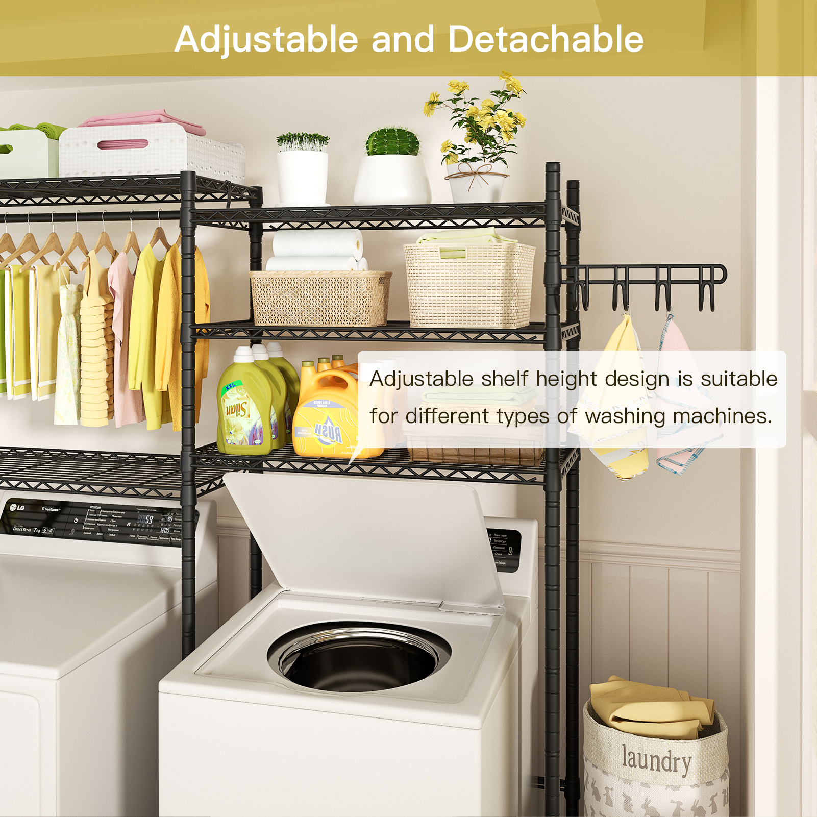 U6 Clothes Drying Rack, 5 Tiers Over Washer and Dryer Laundry Room Storage and Organizer, Heavy-Duty Space Saver