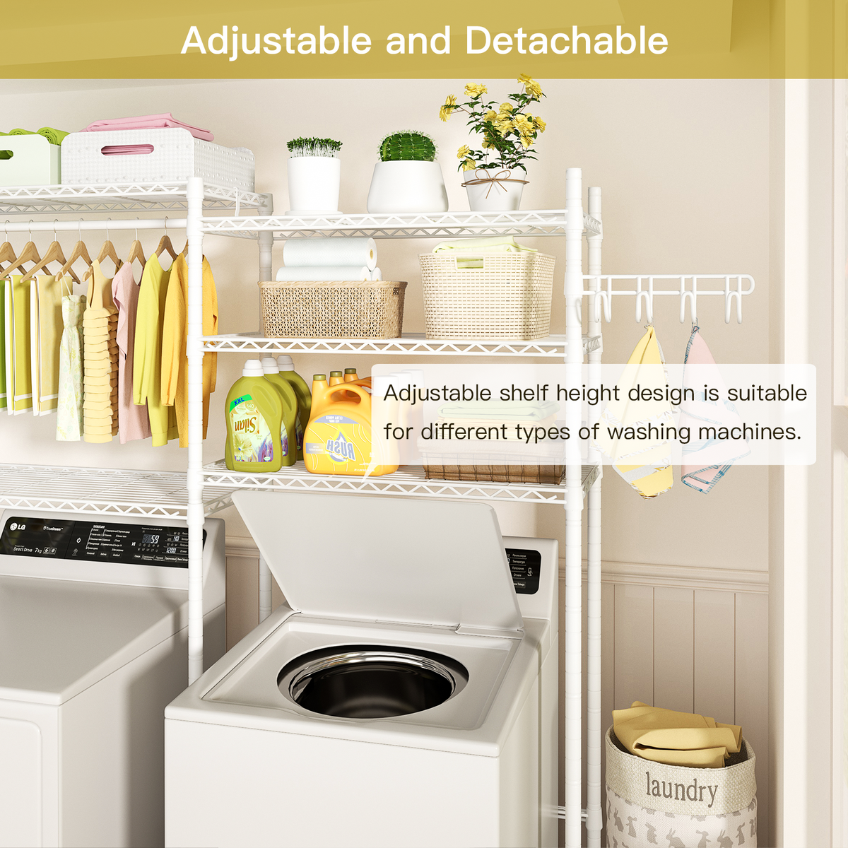 U5 Double Column Over-Washer Garment Rack (Black), ≤27" Washer/Unit, 5-Tier Shelves & Hanger Rod