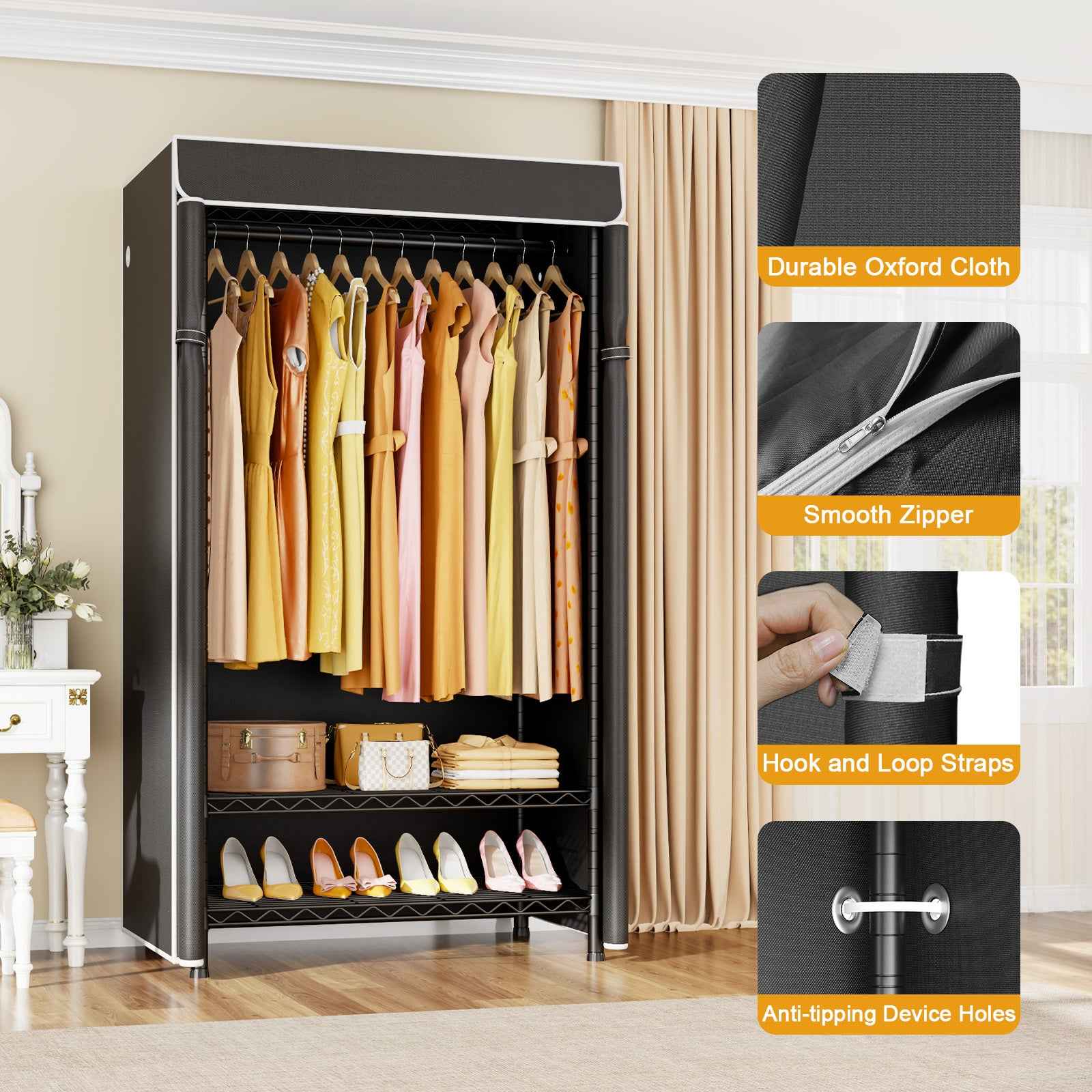 H5C Clothes Rack with Cover, Portable Closet for Hanging Clothes, Covered Clothing Racks Heavy Duty, Freestanding Garment Racks with Shelves Max Load 360LBS