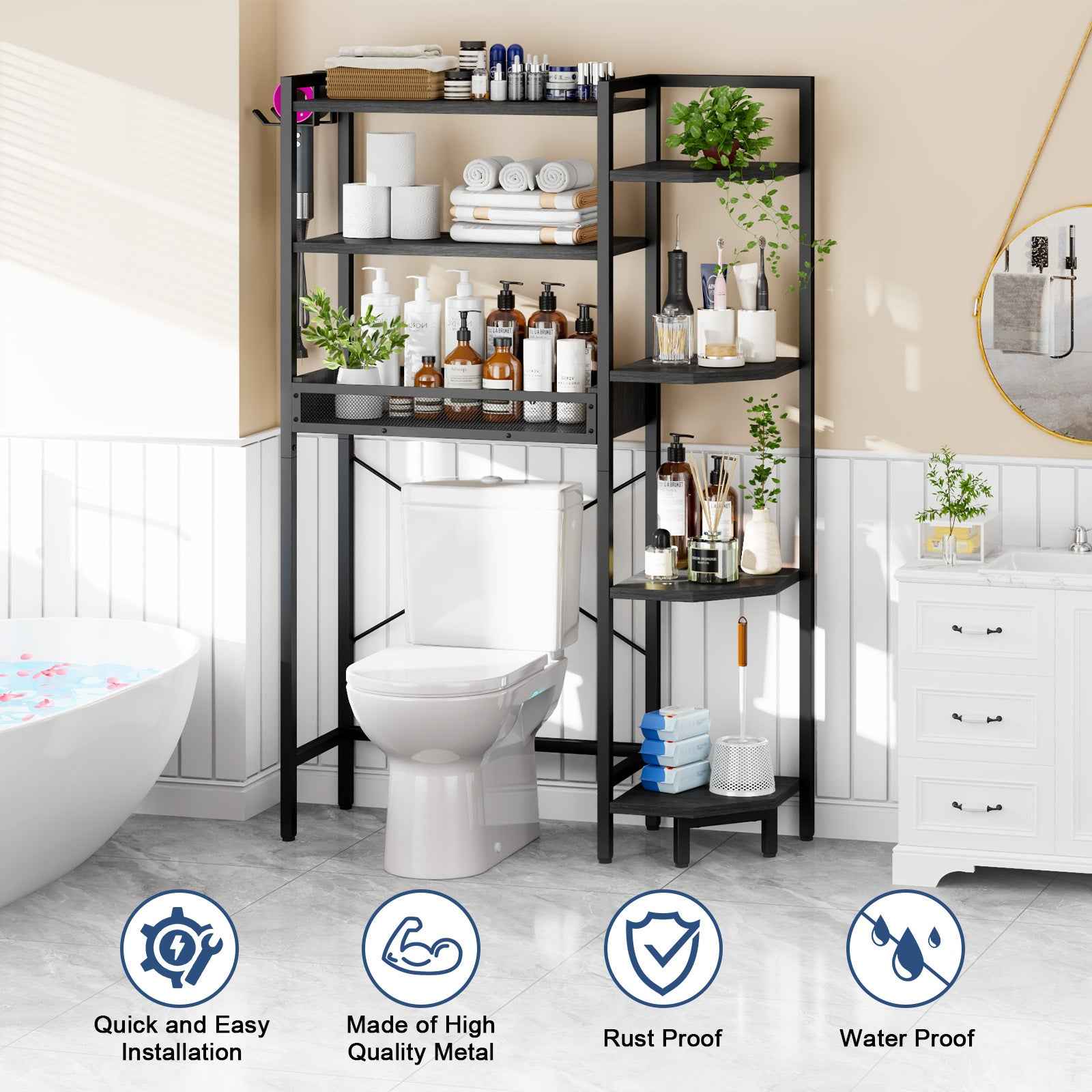 K1 Heavy Duty 7-Tier Over The Toilet Storage（With Basket and Paper Hook）Freestanding Above Toilet Shelf with Adjustable Feet