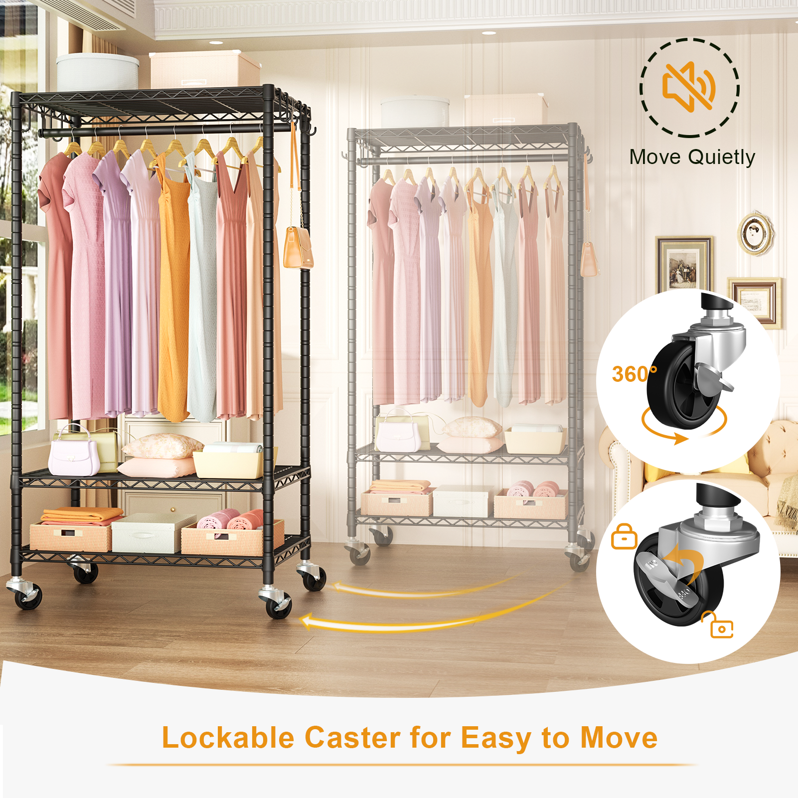 P6 Single Column Garment Rack (Black), 23.6"W, 360LBS Load & 3-Tier Shelves for Students