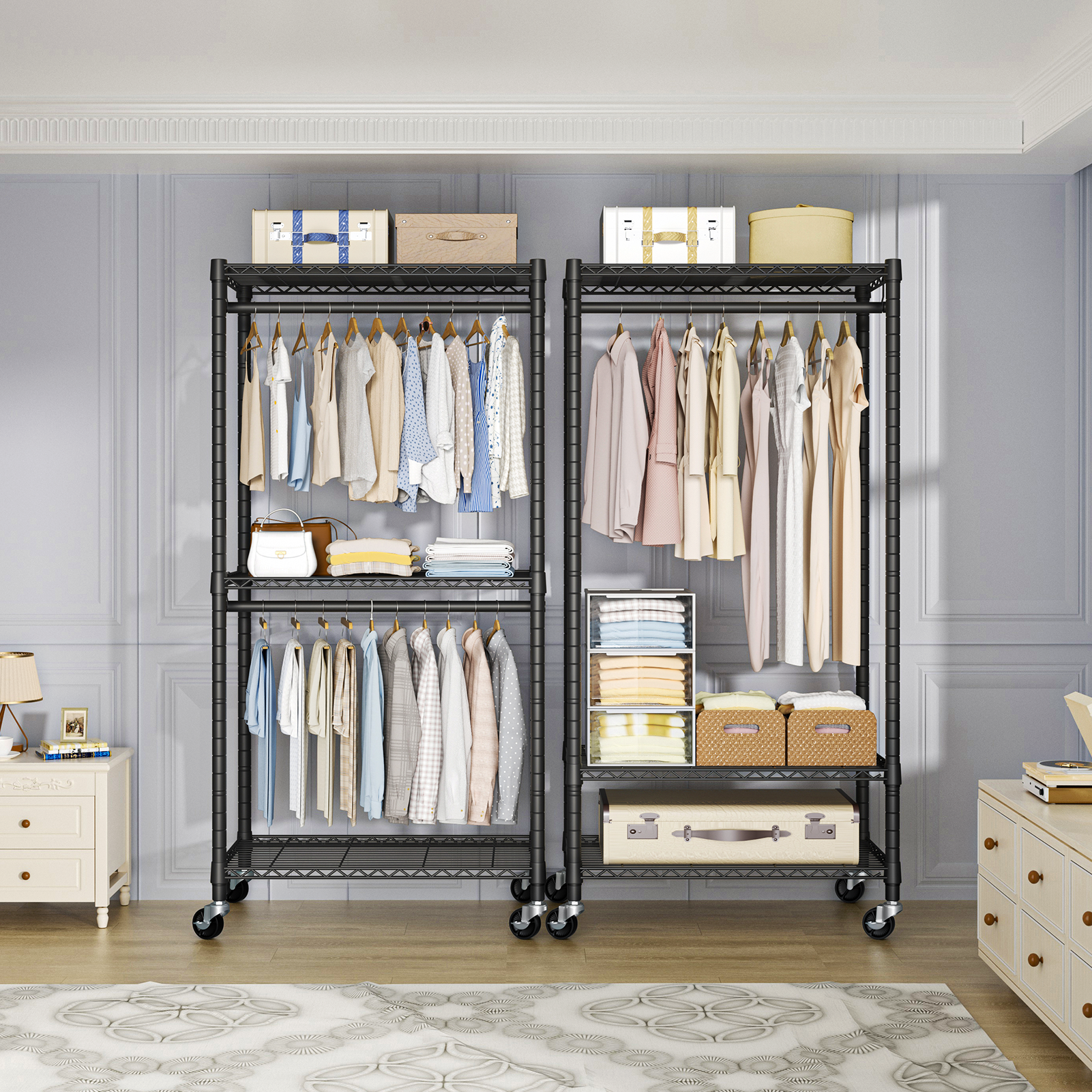 P1 Medium Single Column Garment Rack (Black), 30"W, 360LBS Load & 3 Adjustable Wire Shelves