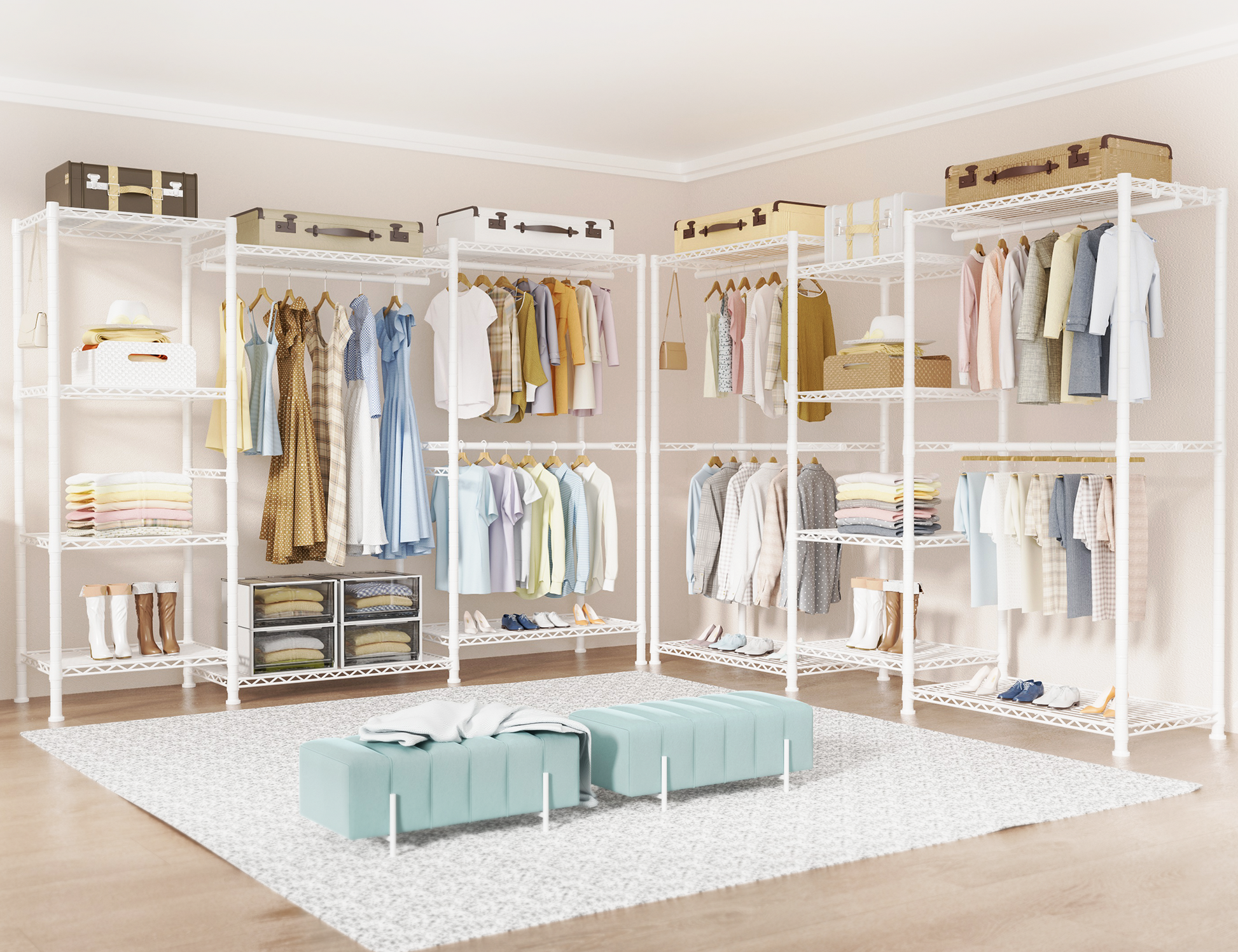 E4 71.6"W L-Shaped Triple Column Garment Rack (Black), 962LBS Load & 8-Tier Adjustable Shelves