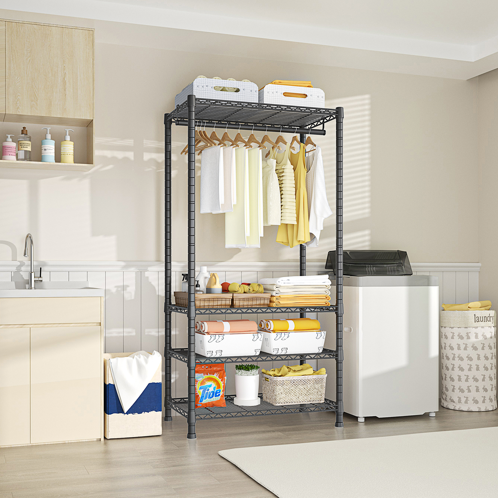 H2 30"W Single Column Garment Rack (Black), 500LBS Load & 4-Tier Adjustable Wire Shelves