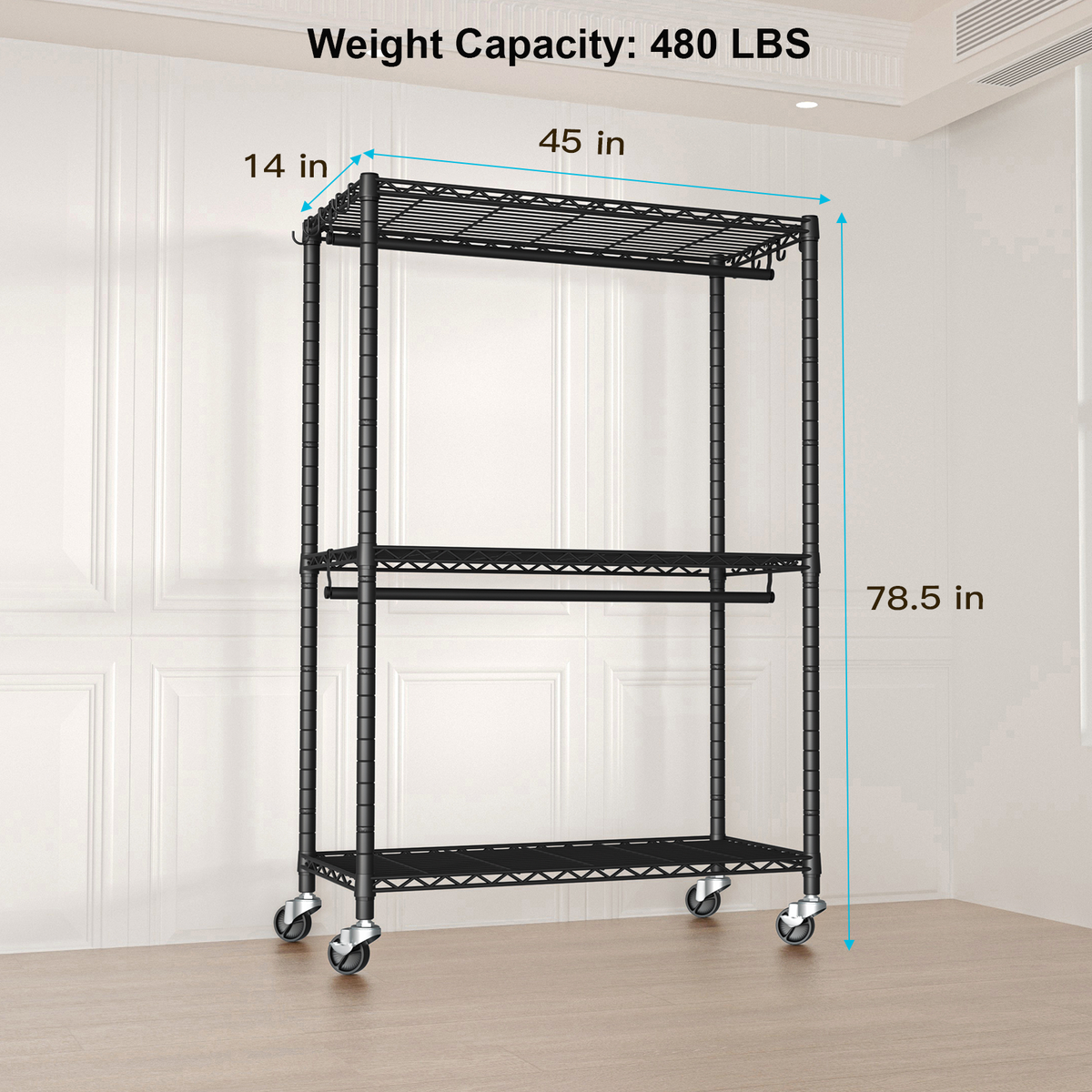 P3 Single Column Garment Rack (Black), 39.4"W, 464LBS Load & 3-Tier Shelves with Lockable Wheels