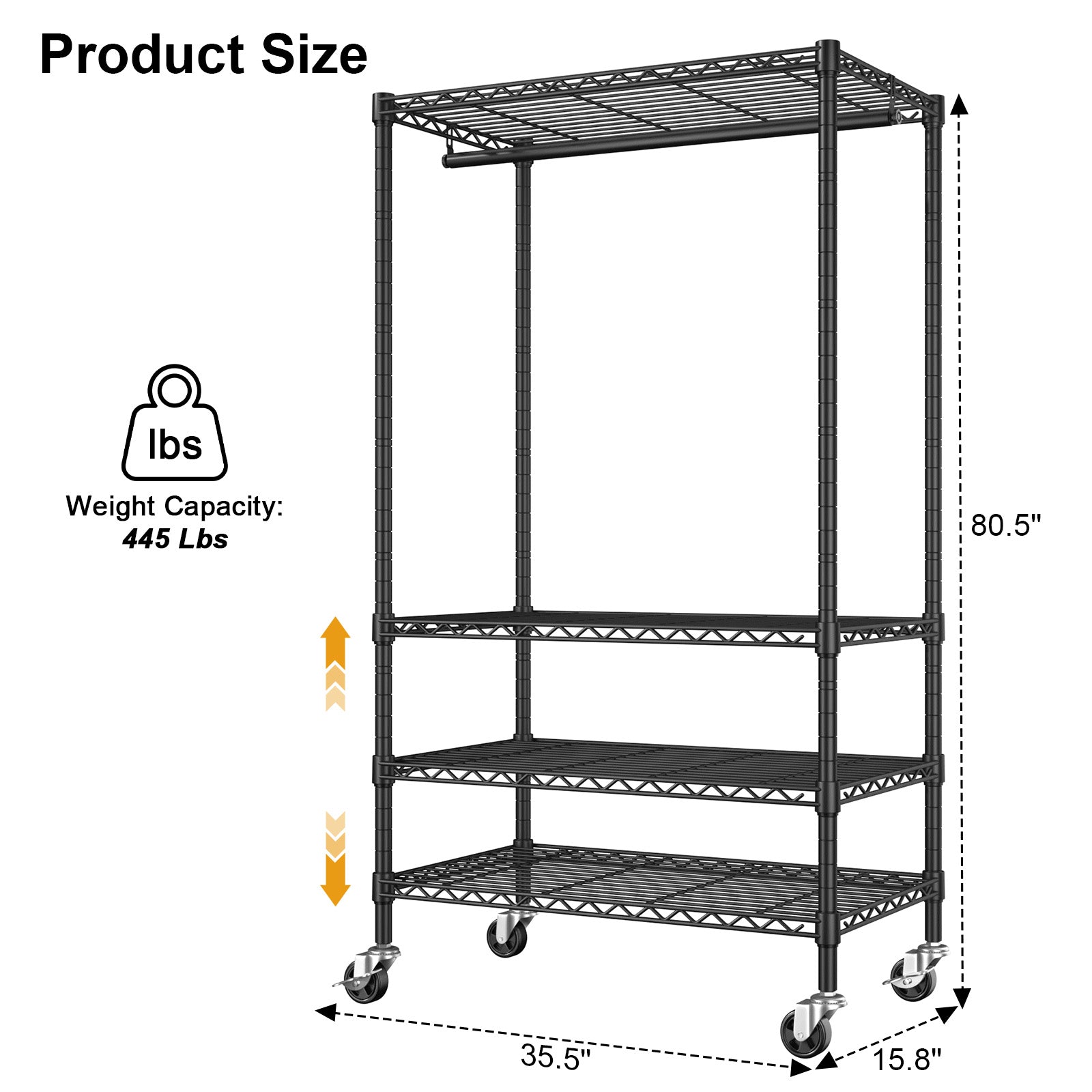 P9 Rolling Clothes Rack Heavy Duty, 4 Tiers Garment Rack with Wheels, 35.5" L X 15.8" W X 80.5" H, Max Load 445 LBS