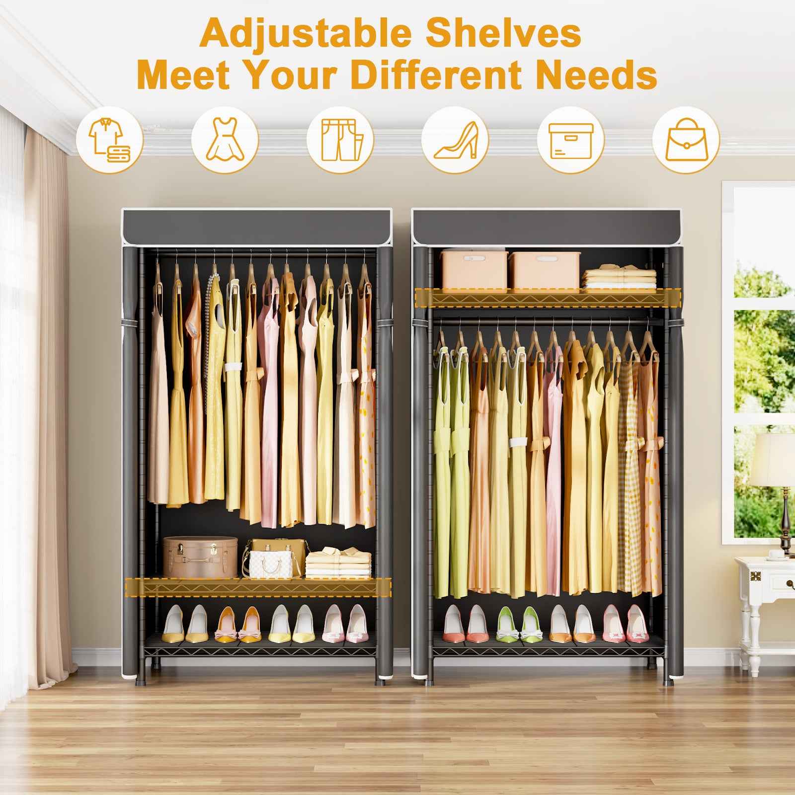 H5C Clothes Rack with Cover, Portable Closet for Hanging Clothes, Covered Clothing Racks Heavy Duty, Freestanding Garment Racks with Shelves Max Load 360LBS