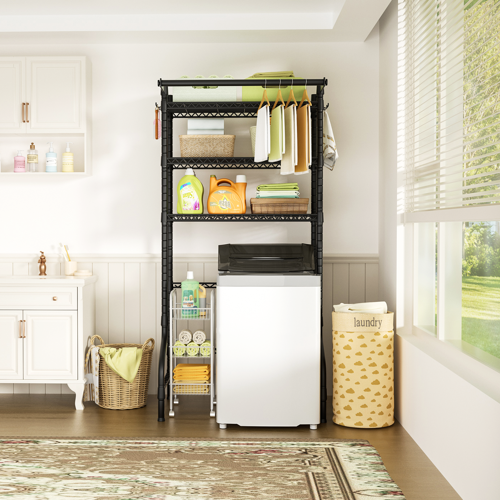 U11 Over-Washer Garment Rack (Black), ≤31.4" Washer Fit, 3-Tier Shelves & Front Hanger Rod