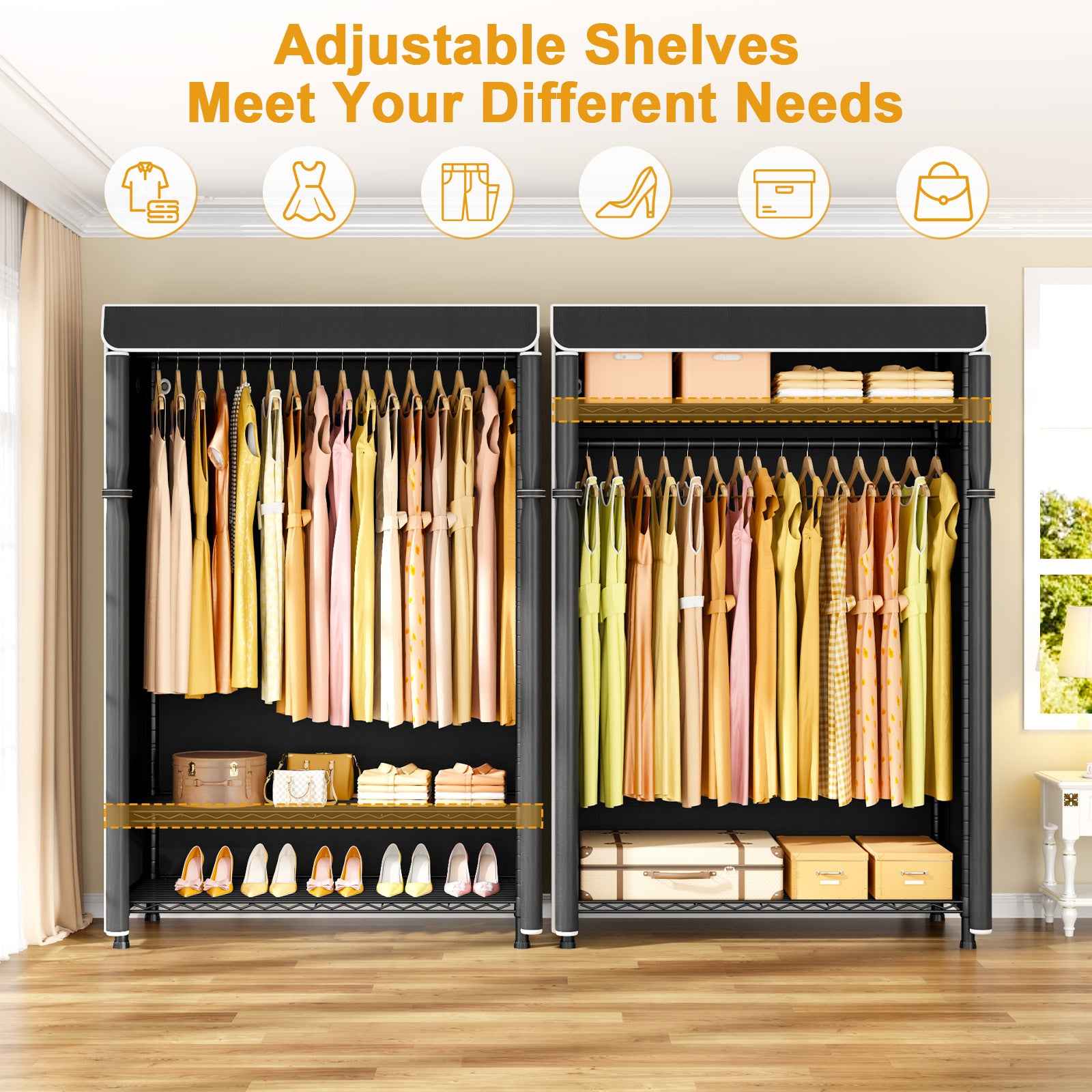 H5C Plus Clothes Rack with Cover, Portable Closet for Hanging Clothes, Covered Clothing Racks Heavy Duty, 3-Tiers Garment Rack with Shelves Max Load 370LBS