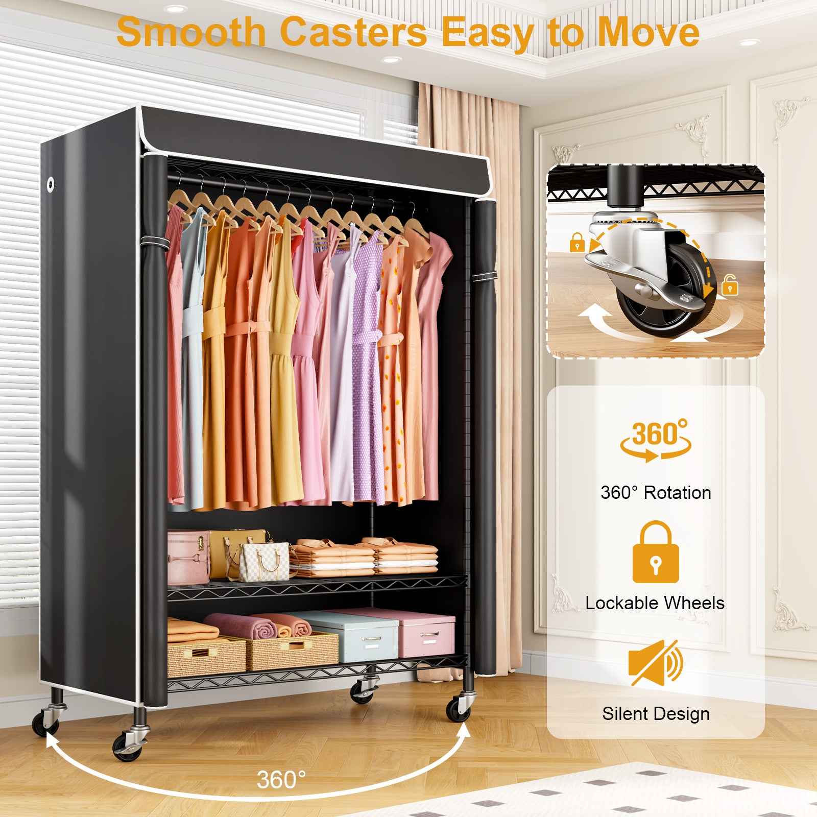 P6C Plus Rolling Clothes Rack with Cover, Covered Clothing Rack Heavy Duty, Portable, Garment Rack on Wheels