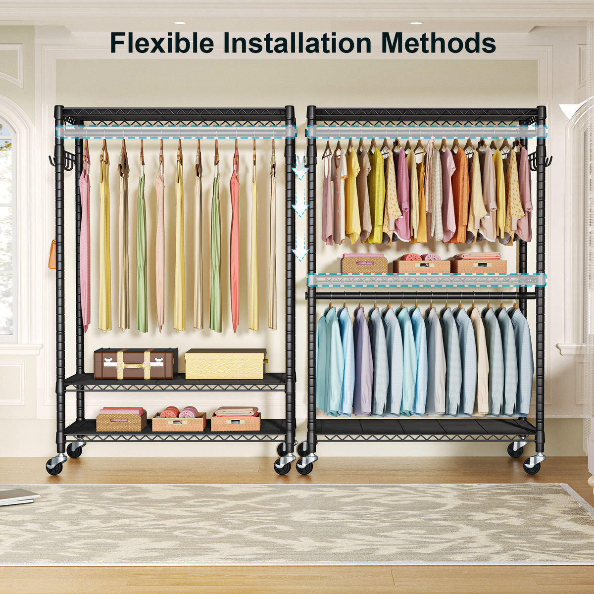 P1 Plus Single Column Rolling Garment Rack (Black), 45"W, 524LBS Load & 3 Adjustable Wire Shelves