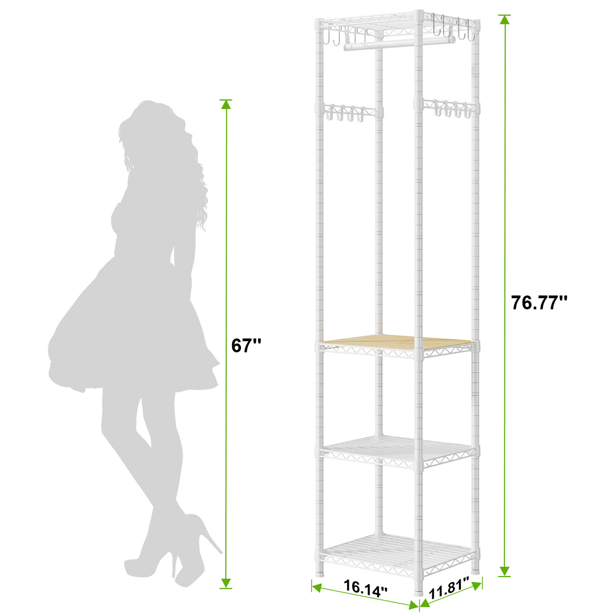 R1 Single Column Entryway Garment Rack (Black), 16 Hooks+4 Shelves, 3-in-1 Storage for Coats/Shoes
