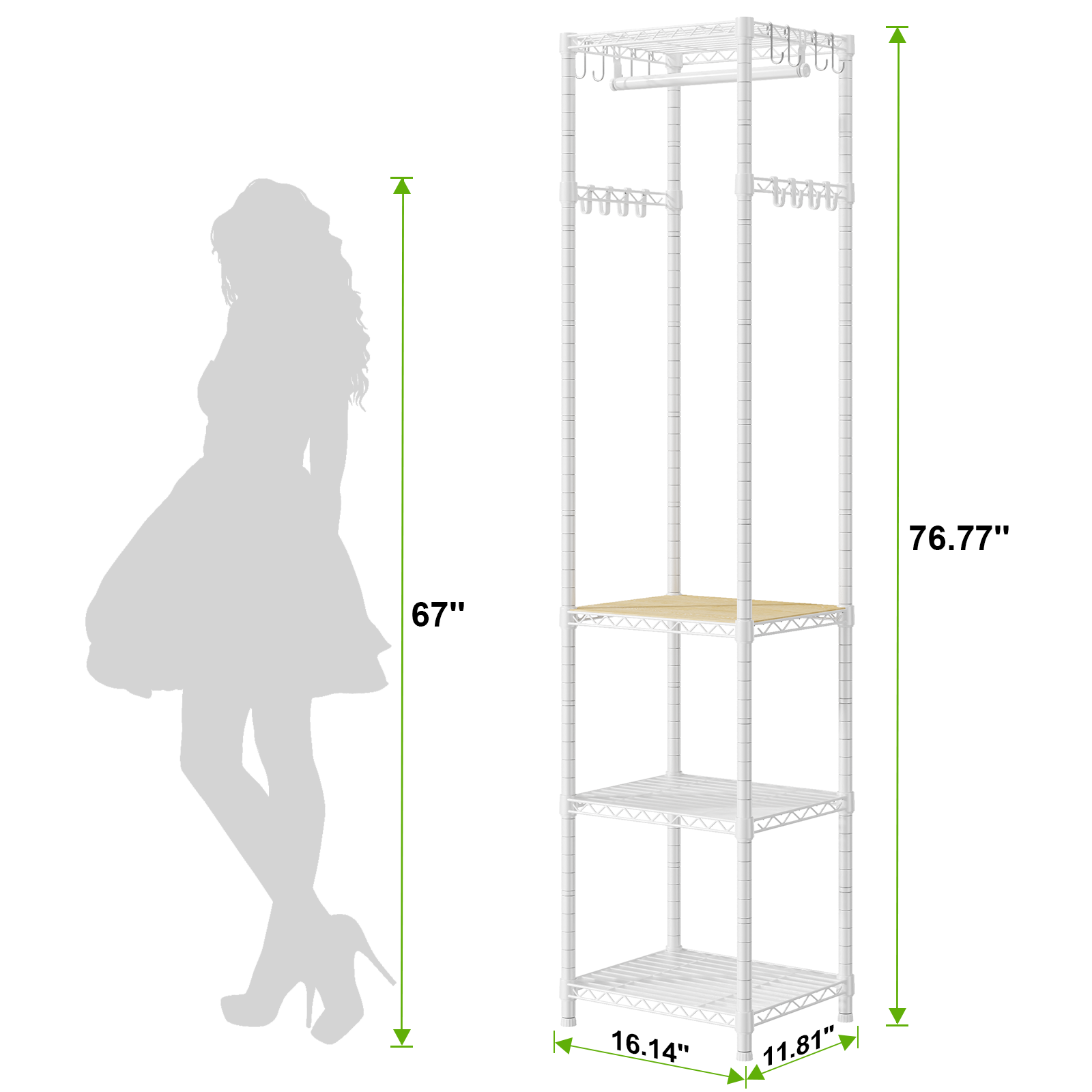 R1 Single Column Entryway Garment Rack (Black), 16 Hooks+4 Shelves, 3-in-1 Storage for Coats/Shoes