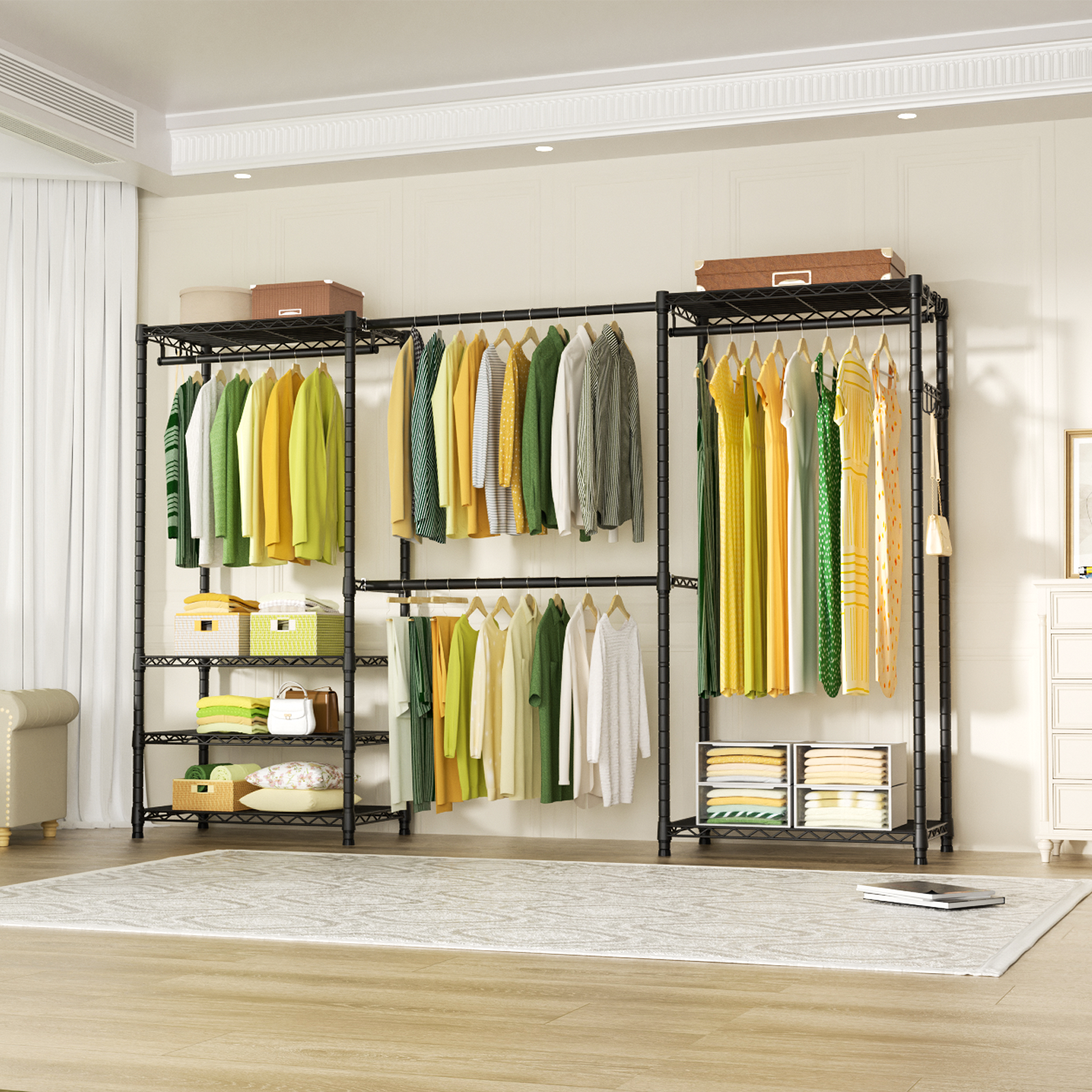 E1 70-88.2" Extendable Triple Column Garment Rack (Black), 6-Tier Shelves & 4 Hanger Rods