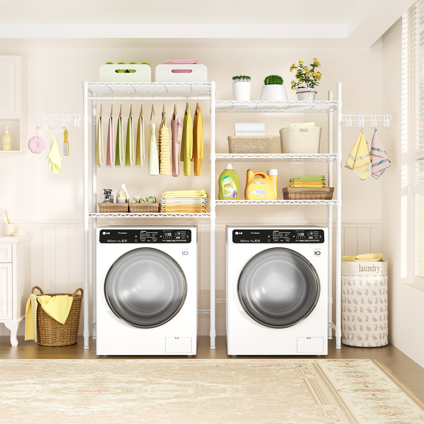 U5 Double Column Over-Washer Garment Rack (Black), ≤27" Washer/Unit, 5-Tier Shelves & Hanger Rod