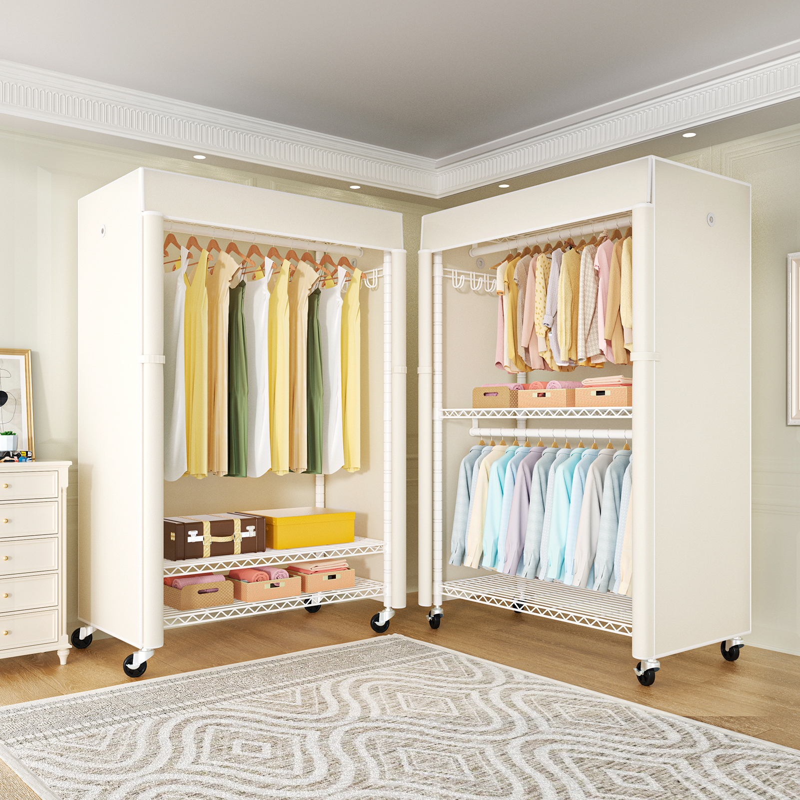 P1C Plus Single Column Rolling Garment Rack (Black+Black Cover), 46"W, 524LBS Load & Dustproof