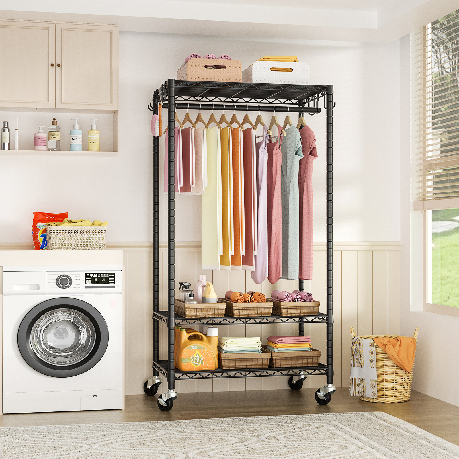 P6 Mini Single Column Garment Rack (Black), 23.6"W, 360LBS Load & 3-Tier Shelves for Students