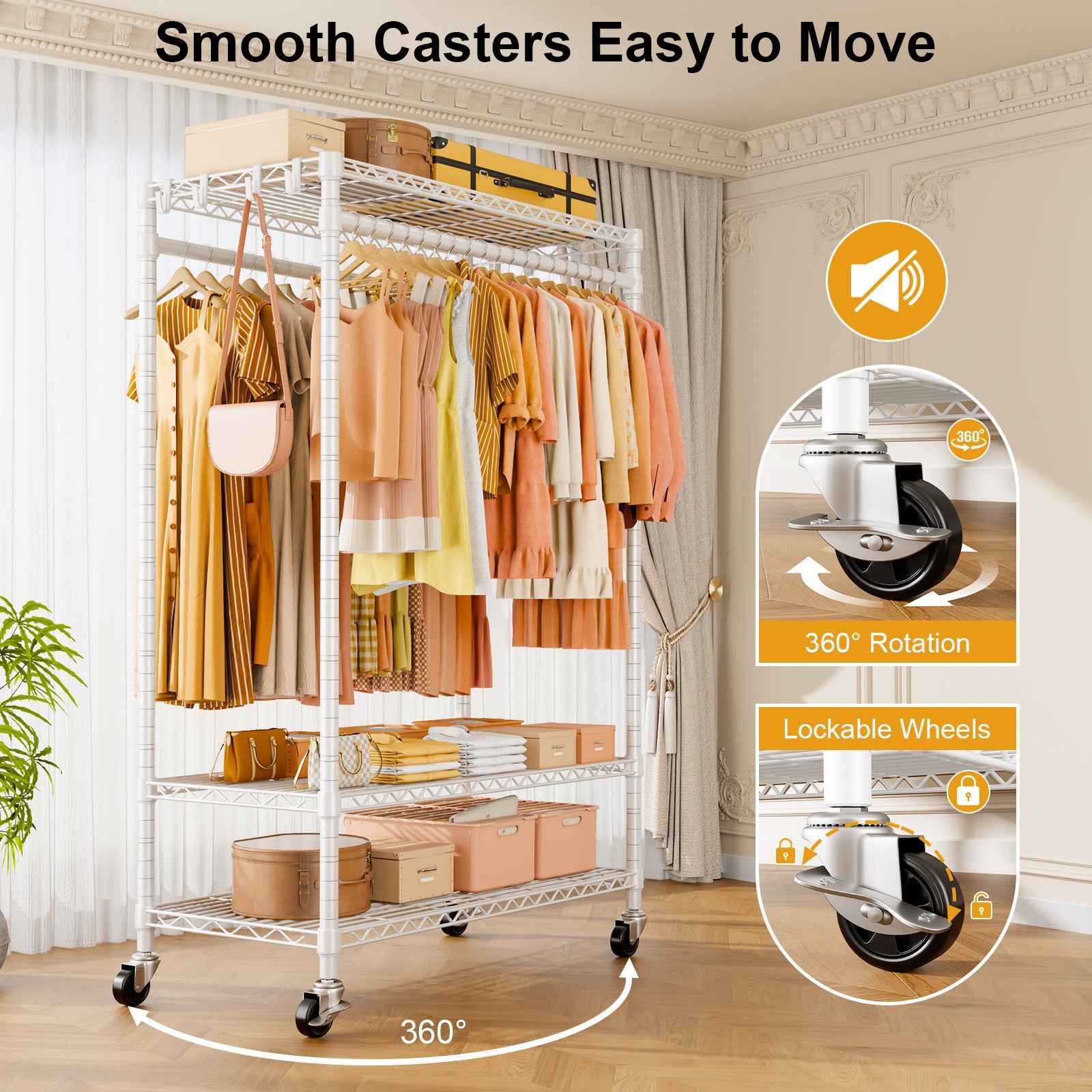 P7 45"W Single Column Garment Rack (Black), 480LBS Load & 3-Tier Adjustable Wire Shelves