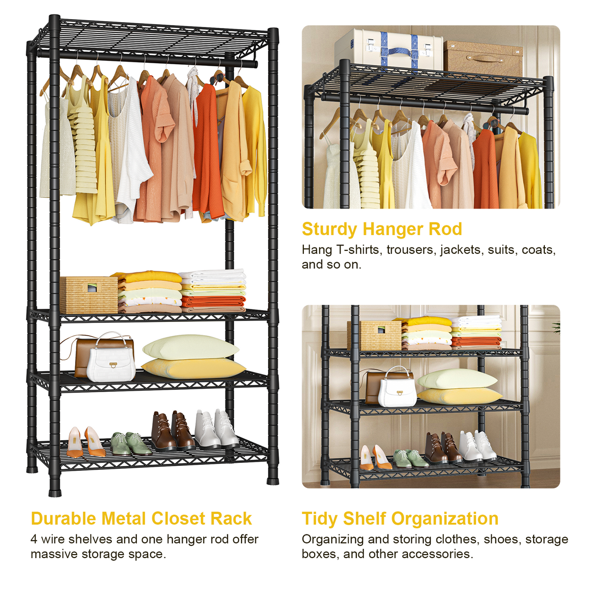 H2 30"W Single Column Garment Rack (Black), 500LBS Load & 4-Tier Adjustable Wire Shelves