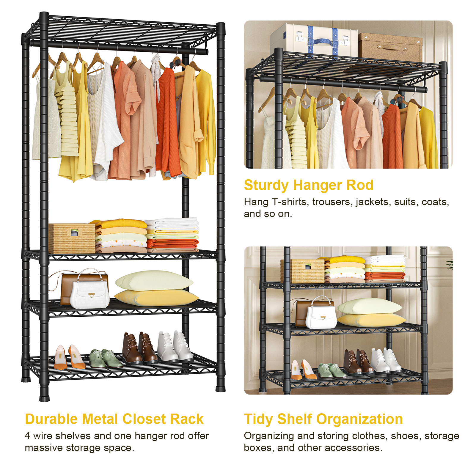 H2 30"W Single Column Garment Rack (Black), 500LBS Load & 4-Tier Adjustable Wire Shelves