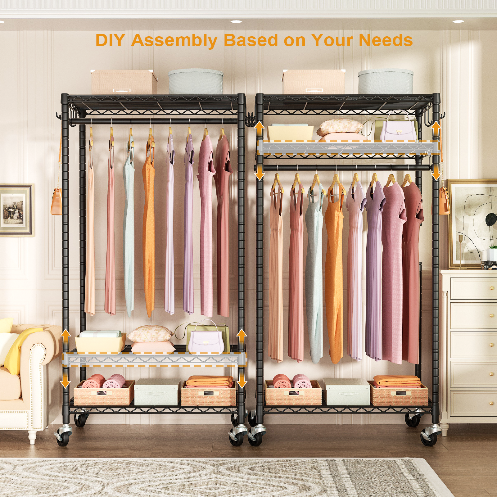 P6 Single Column Garment Rack (Black), 23.6"W, 360LBS Load & 3-Tier Shelves for Students