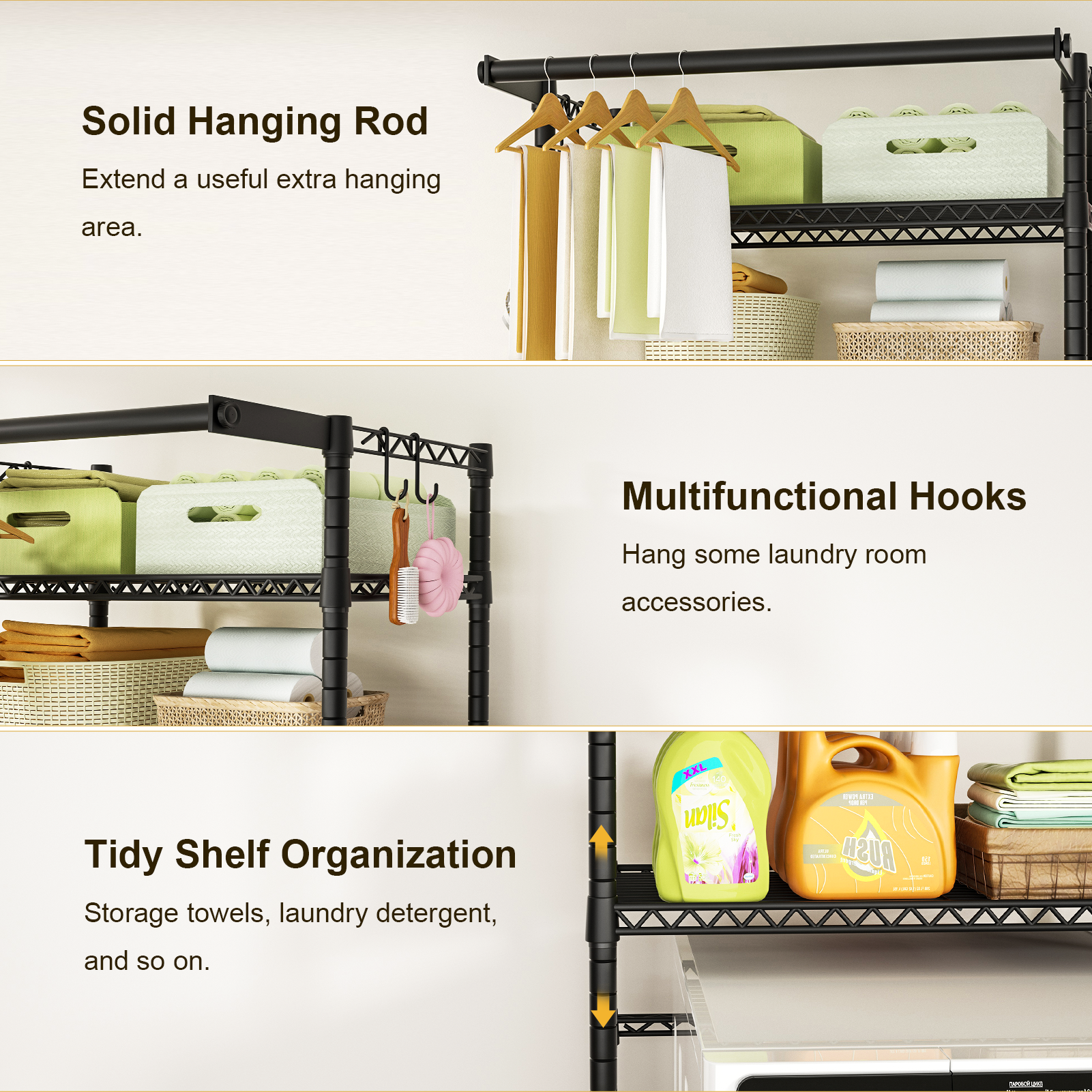 U11 Over-Washer Garment Rack (Black), ≤31.4" Washer Fit, 3-Tier Shelves & Front Hanger Rod