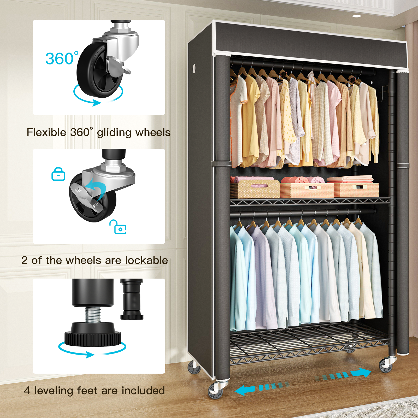 P1 Single Column Rolling Garment Rack (Grey), 35.4"W, 450LBS Load & Rust-Proof Coating