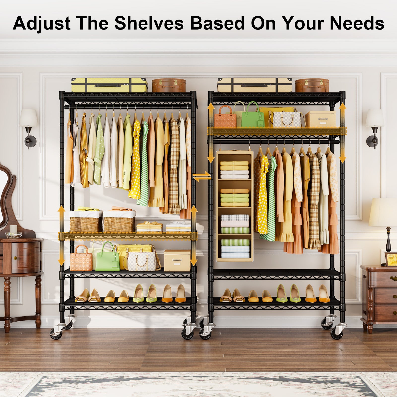 P9 Rolling Clothes Rack Heavy Duty, 4 Tiers Garment Rack with Wheels, 35.5" L X 15.8" W X 80.5" H, Max Load 445 LBS