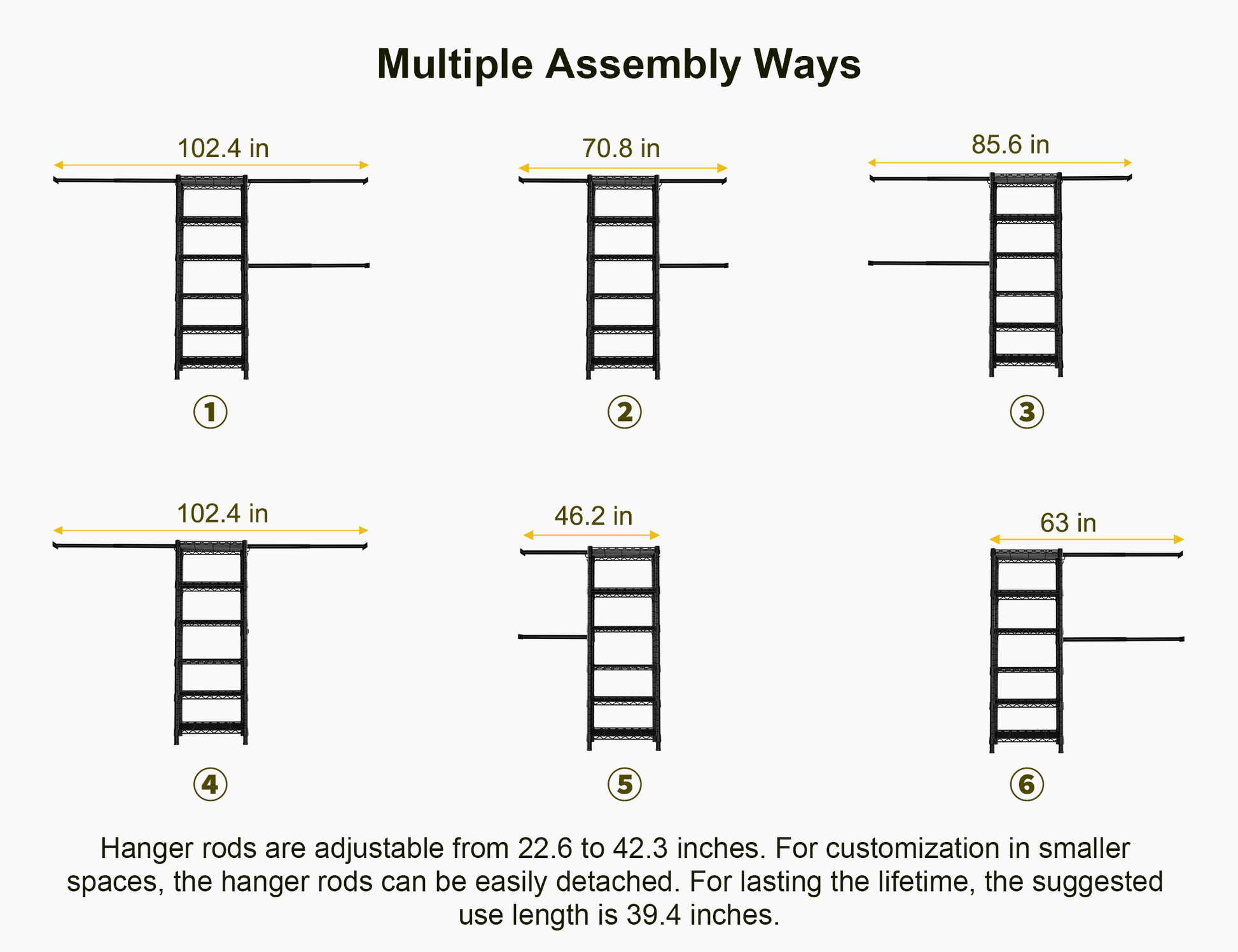 M5 Wall-Mounted Garment Rack (Black), 46.2-102.4" Width, 83.1" High & 6-Tier Shelves