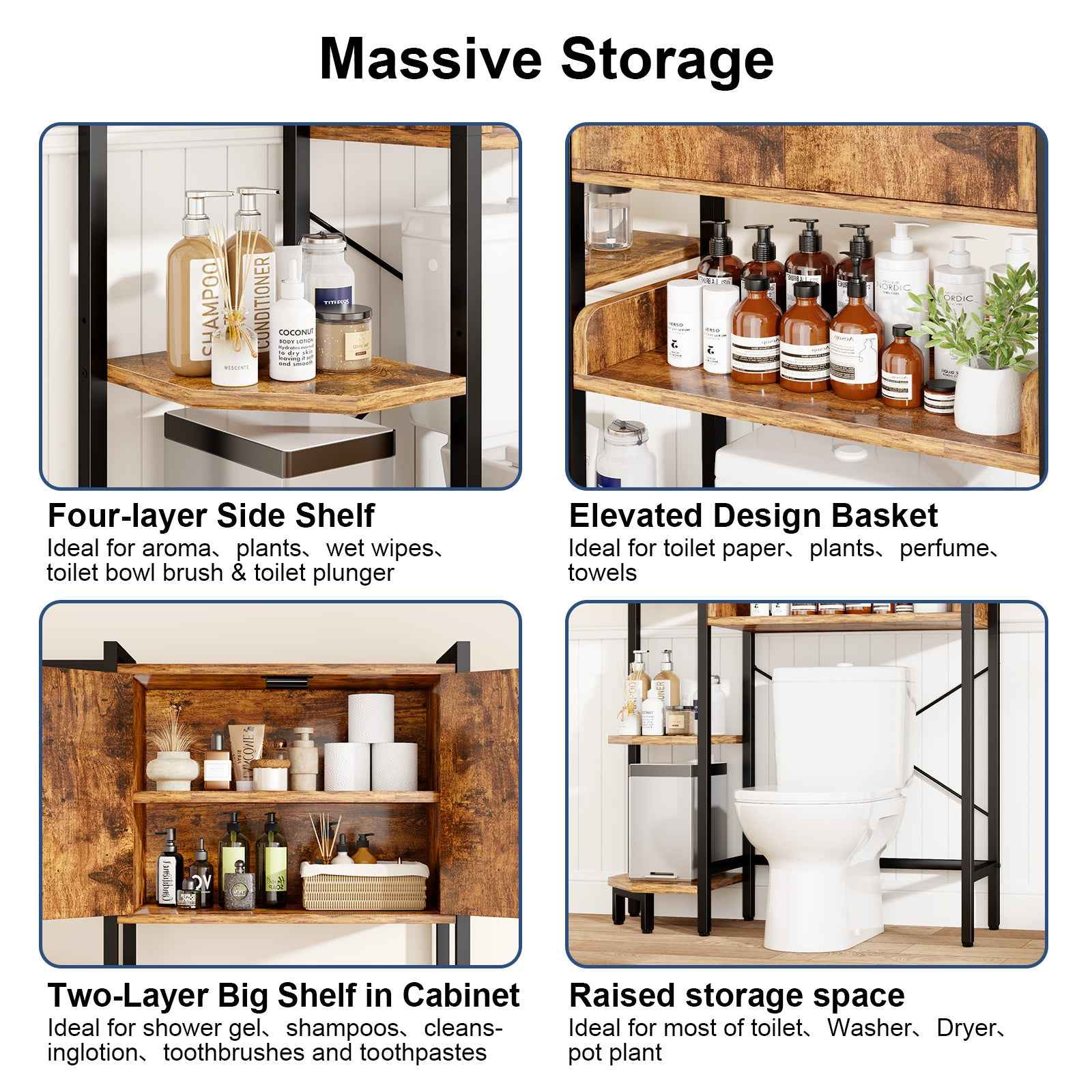 K2 Heavy Duty 7-Tier Over The Toilet Storage Cabinet（With Magnetic Doors & Adjustable Feet）Space Saver Bathroom Organizer
