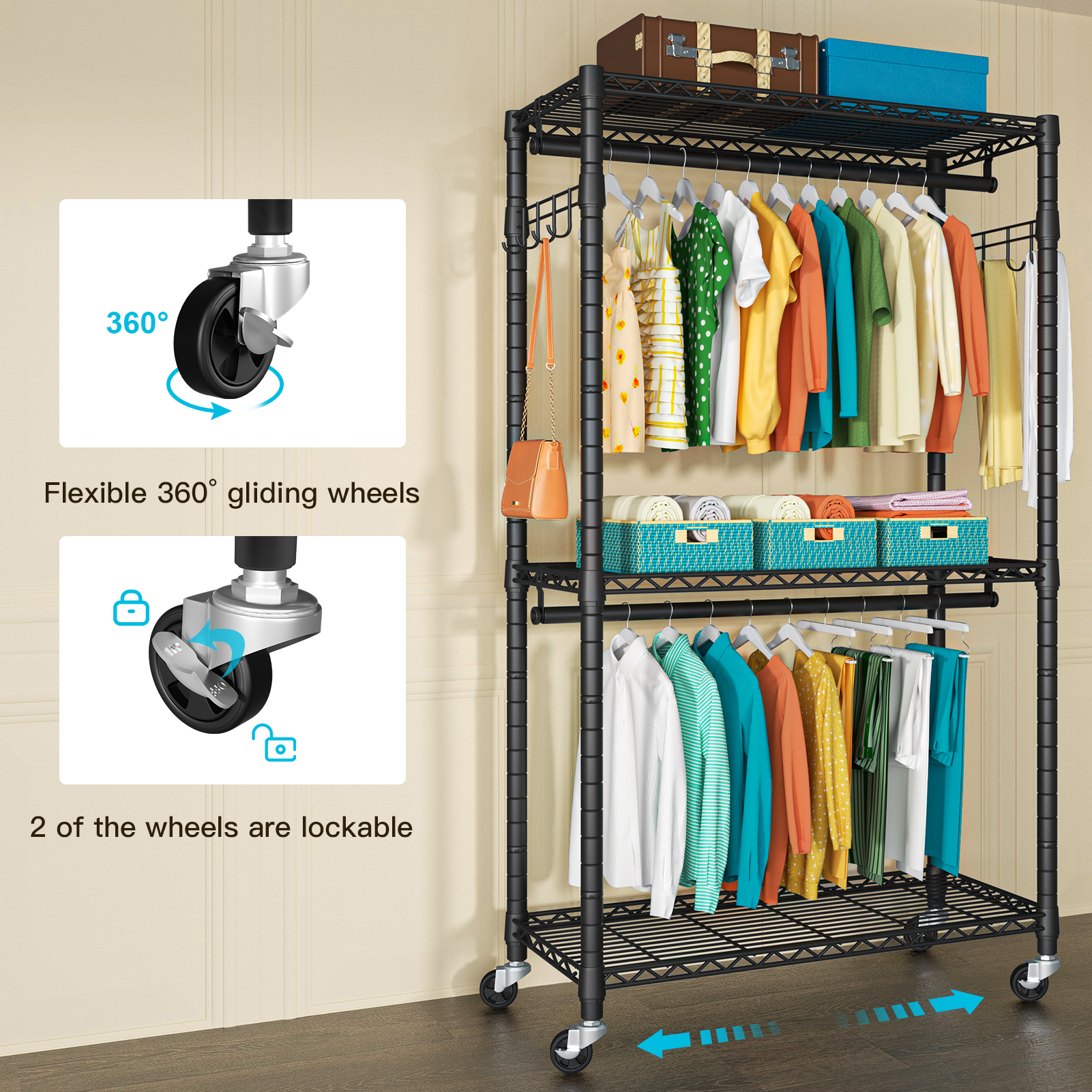 P1 Single Column Rolling Garment Rack (Grey), 35.4"W, 450LBS Load & Rust-Proof Coating
