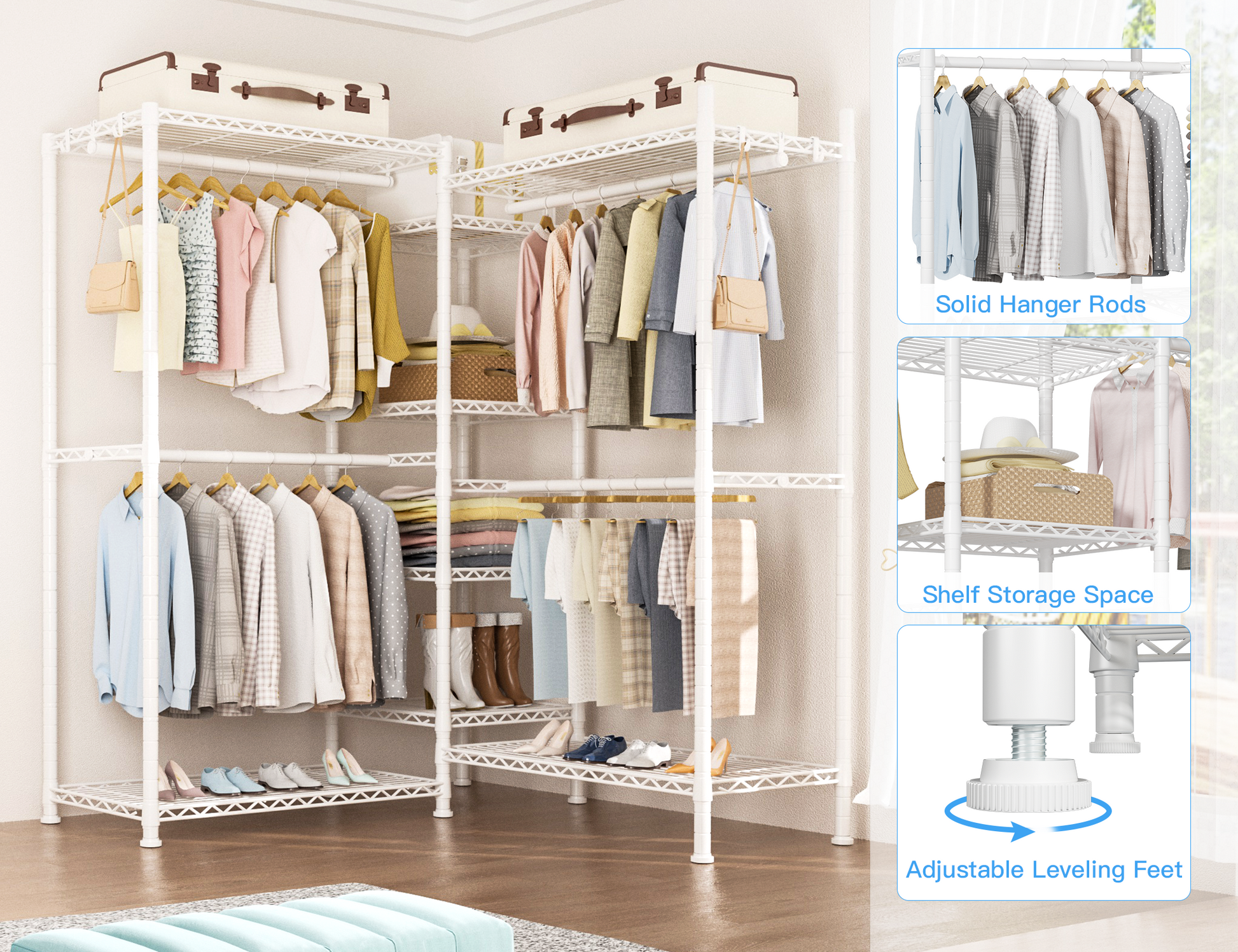 E4 71.6"W L-Shaped Triple Column Garment Rack (Black), 962LBS Load & 8-Tier Adjustable Shelves