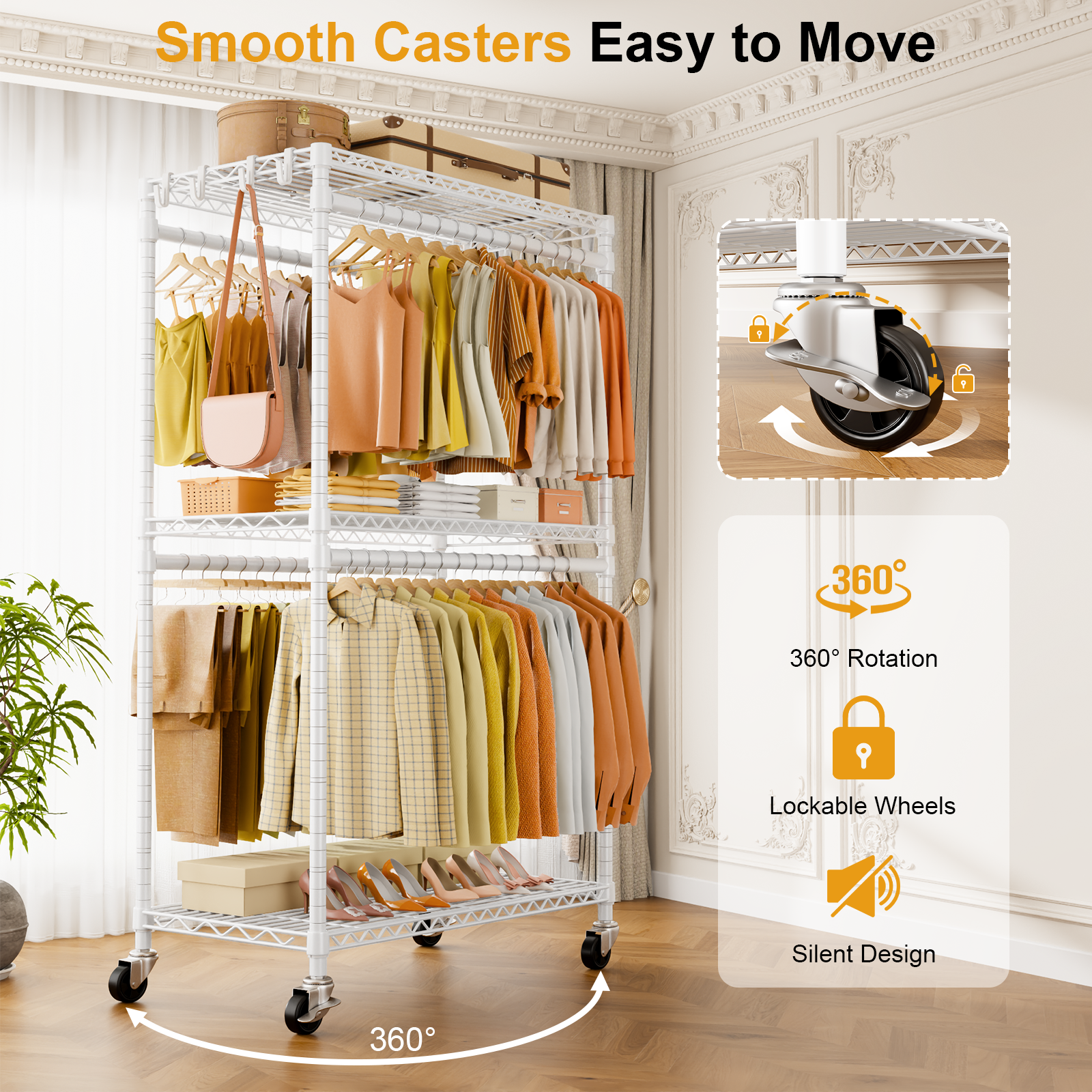 P5 39.4"W Single Column Garment Rack (Black), 655LBS Load, 3-Tier Shelves & 8 Side Hooks