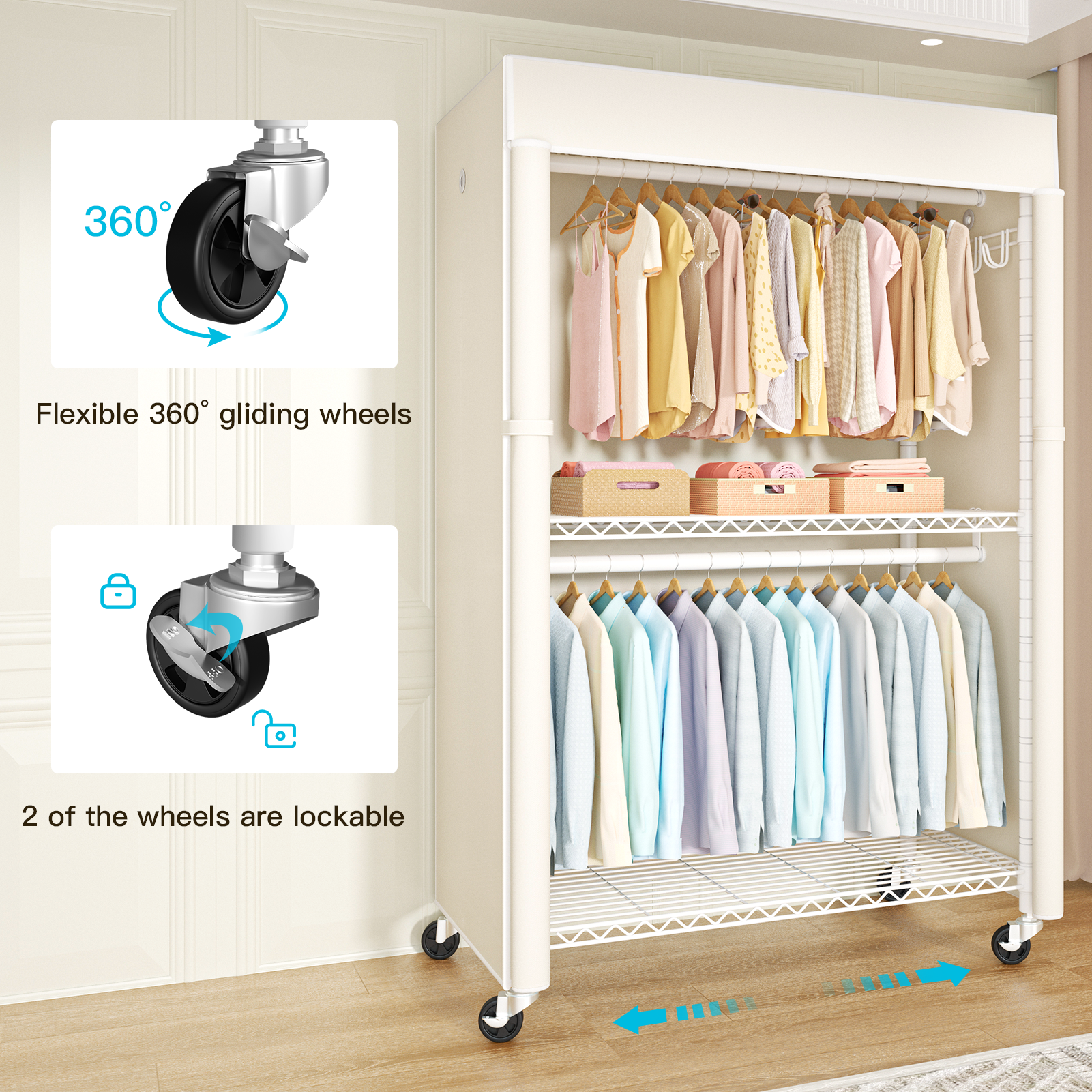 P1C Plus Single Column Rolling Garment Rack (Black+Black Cover), 46"W, 524LBS Load & Dustproof