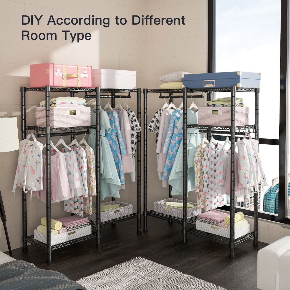 F1 Kids Double Column Garment Rack (Black), 4-Tier Shelves & 2 Hanger Rods, 40LBS per Shelf