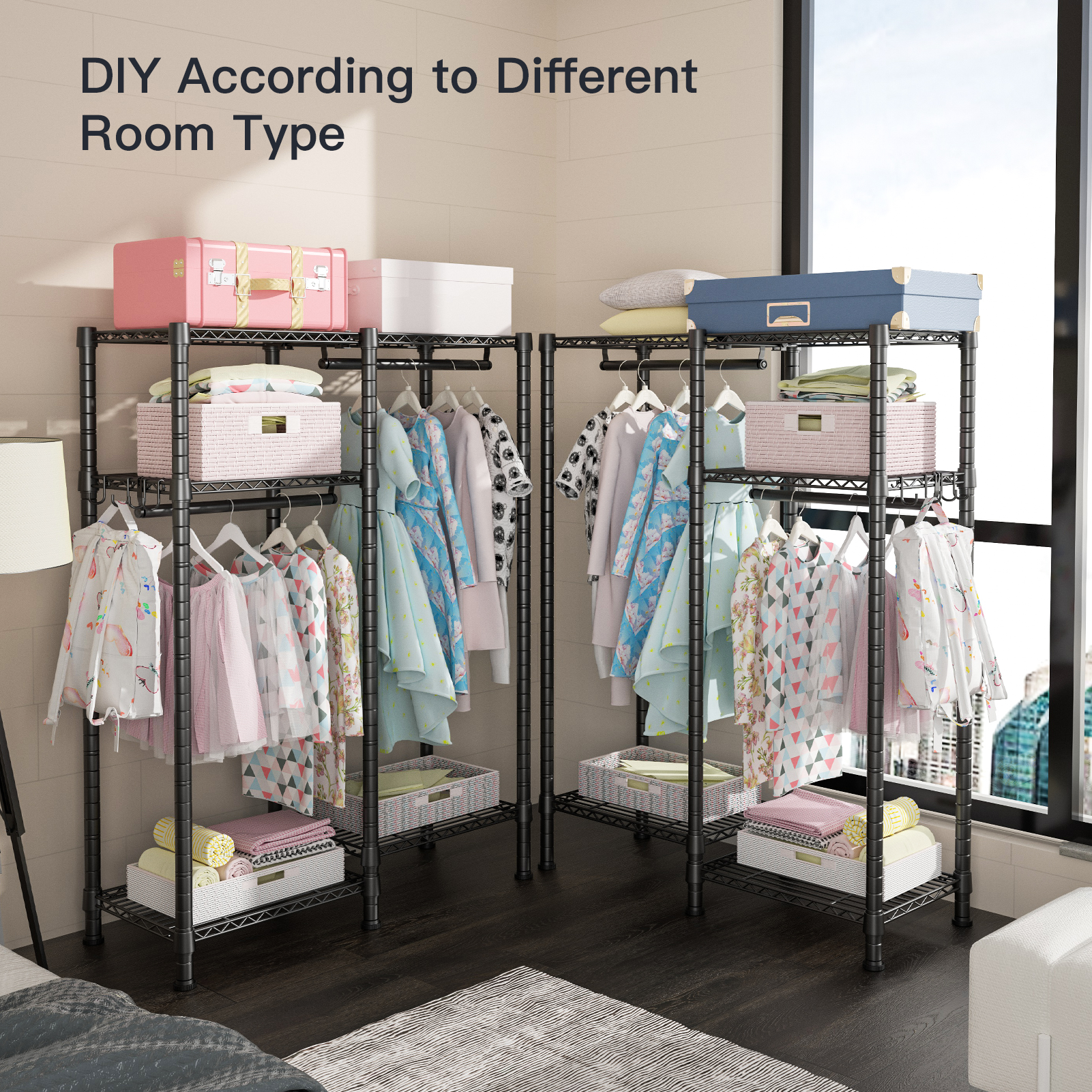 F1 Kids Double Column Garment Rack (Black), 4-Tier Shelves & 2 Hanger Rods, 40LBS per Shelf
