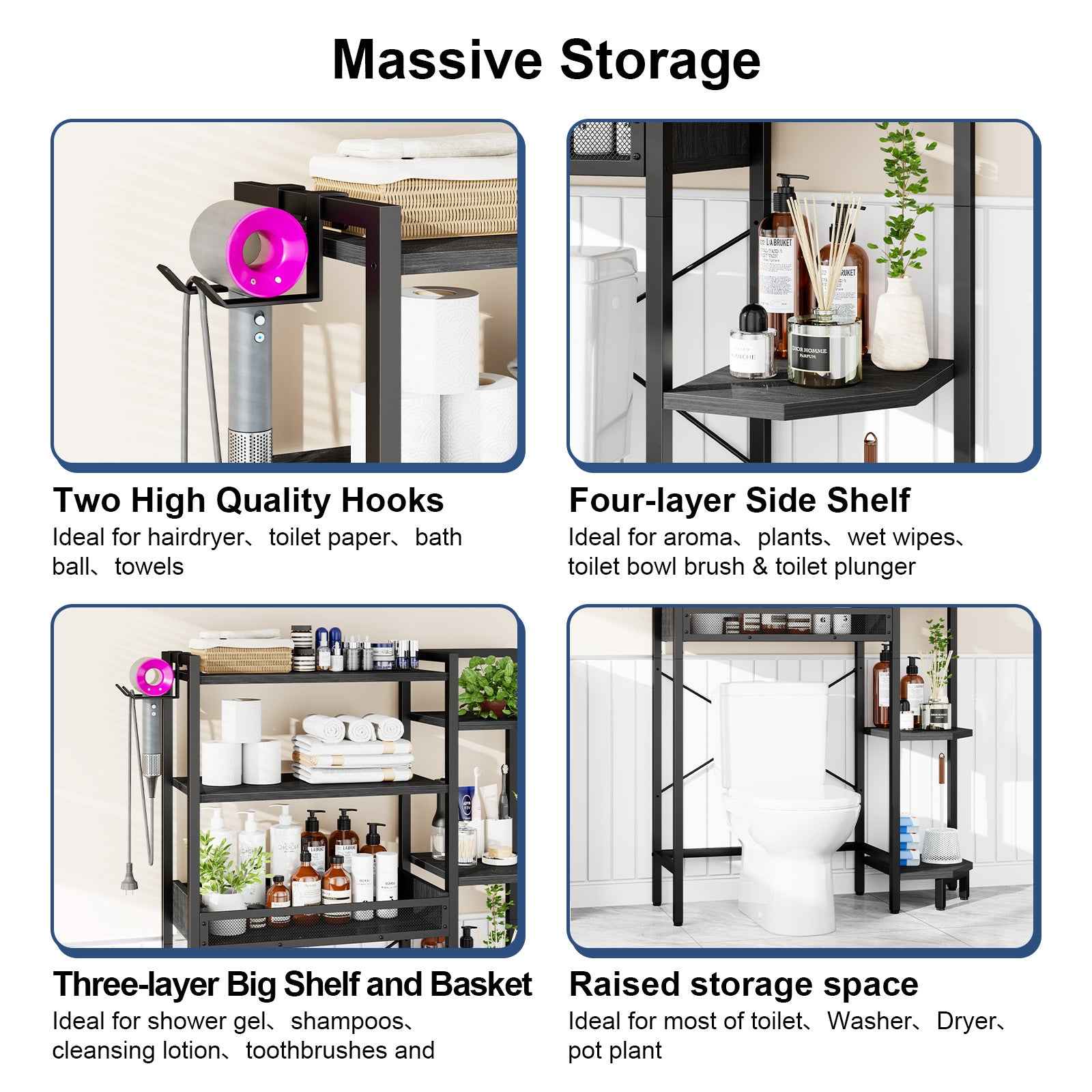 K1 Heavy Duty 7-Tier Over The Toilet Storage（With Basket and Paper Hook）Freestanding Above Toilet Shelf with Adjustable Feet