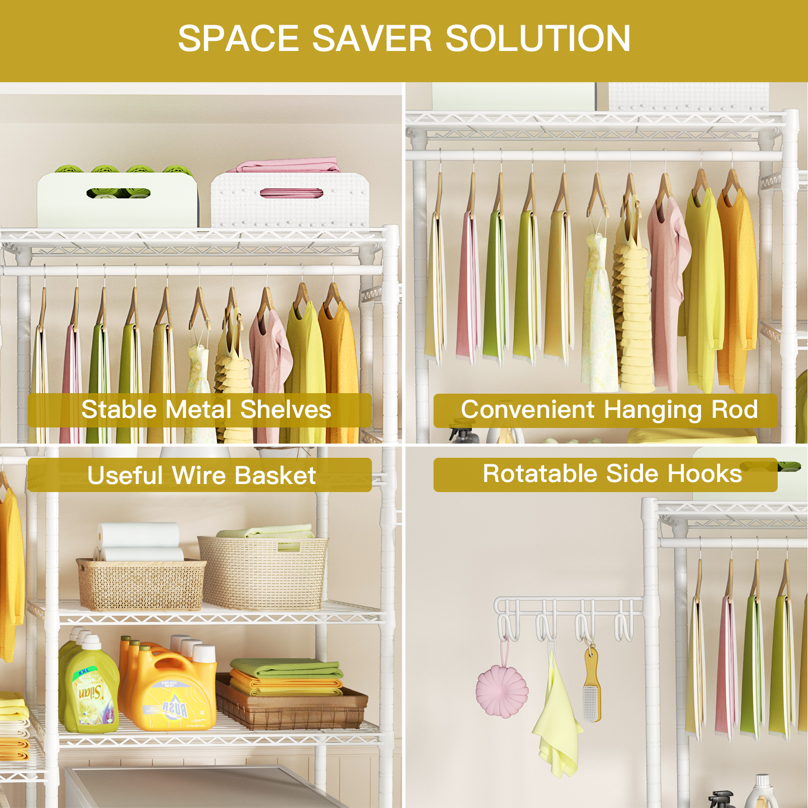 U5 Double Column Over-Washer Garment Rack (Black), ≤27" Washer/Unit, 5-Tier Shelves & Hanger Rod