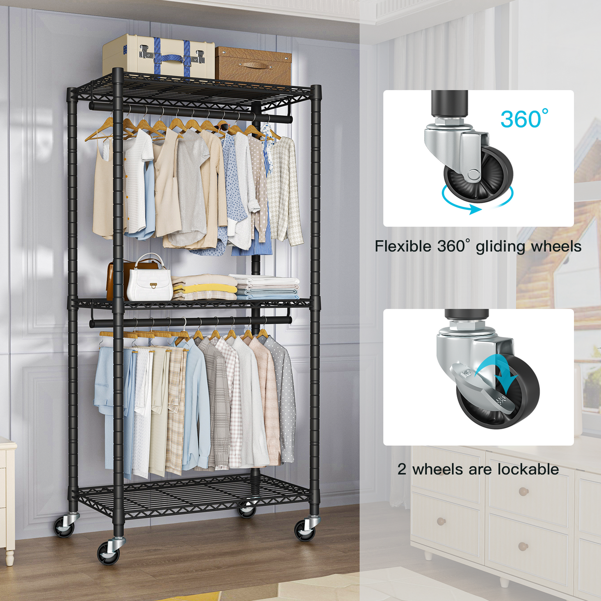 P1 Medium Single Column Garment Rack (Black), 30"W, 360LBS Load & 3 Adjustable Wire Shelves