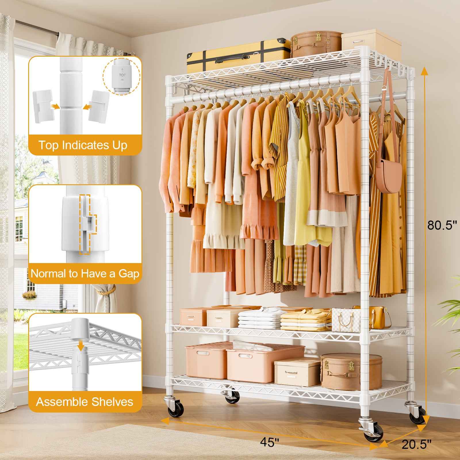 P7 45"W Single Column Garment Rack (Black), 480LBS Load & 3-Tier Adjustable Wire Shelves