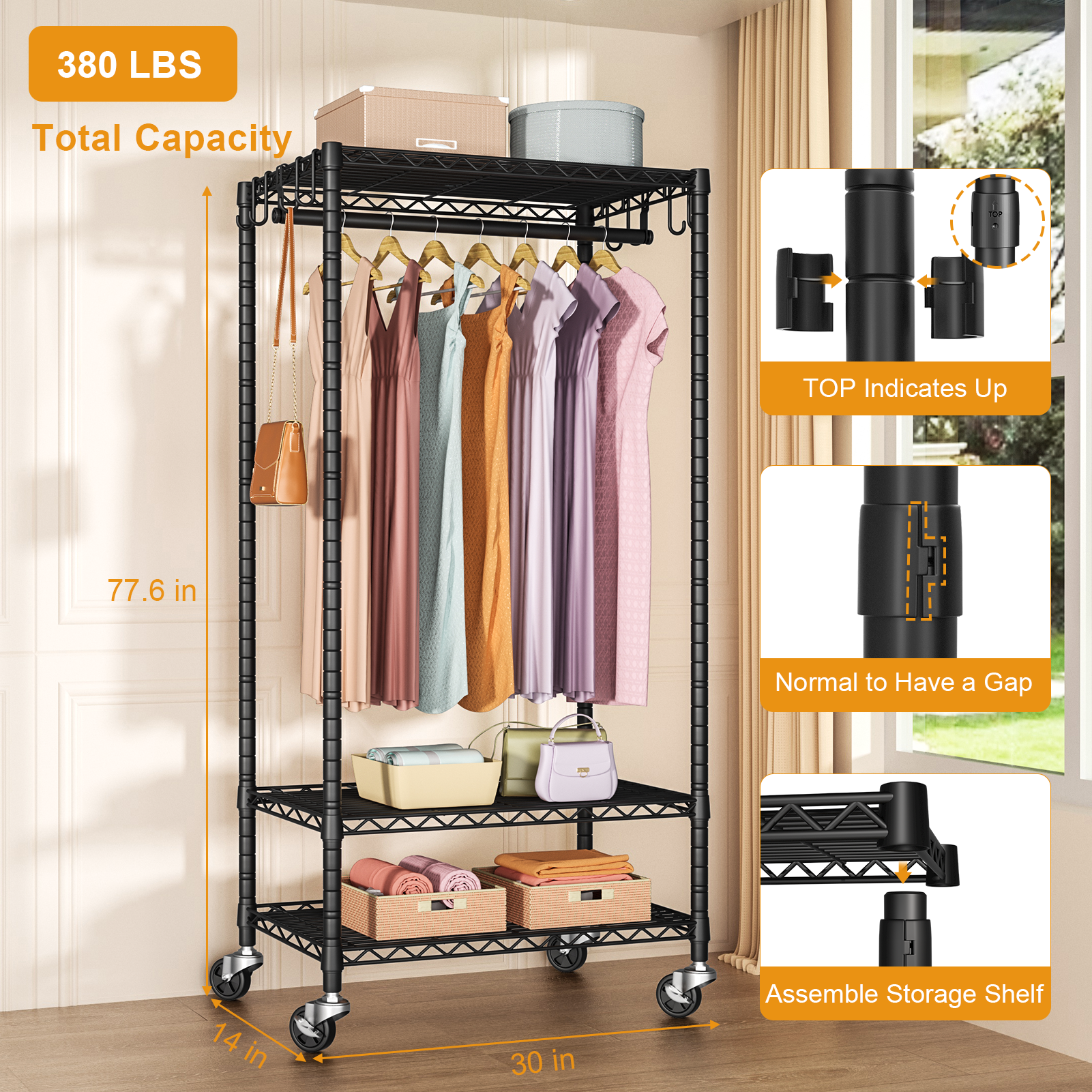 P6 Medium Single Column Garment Rack (Black), 30"W, 370LBS Load & 3-Tier Adjustable Shelves