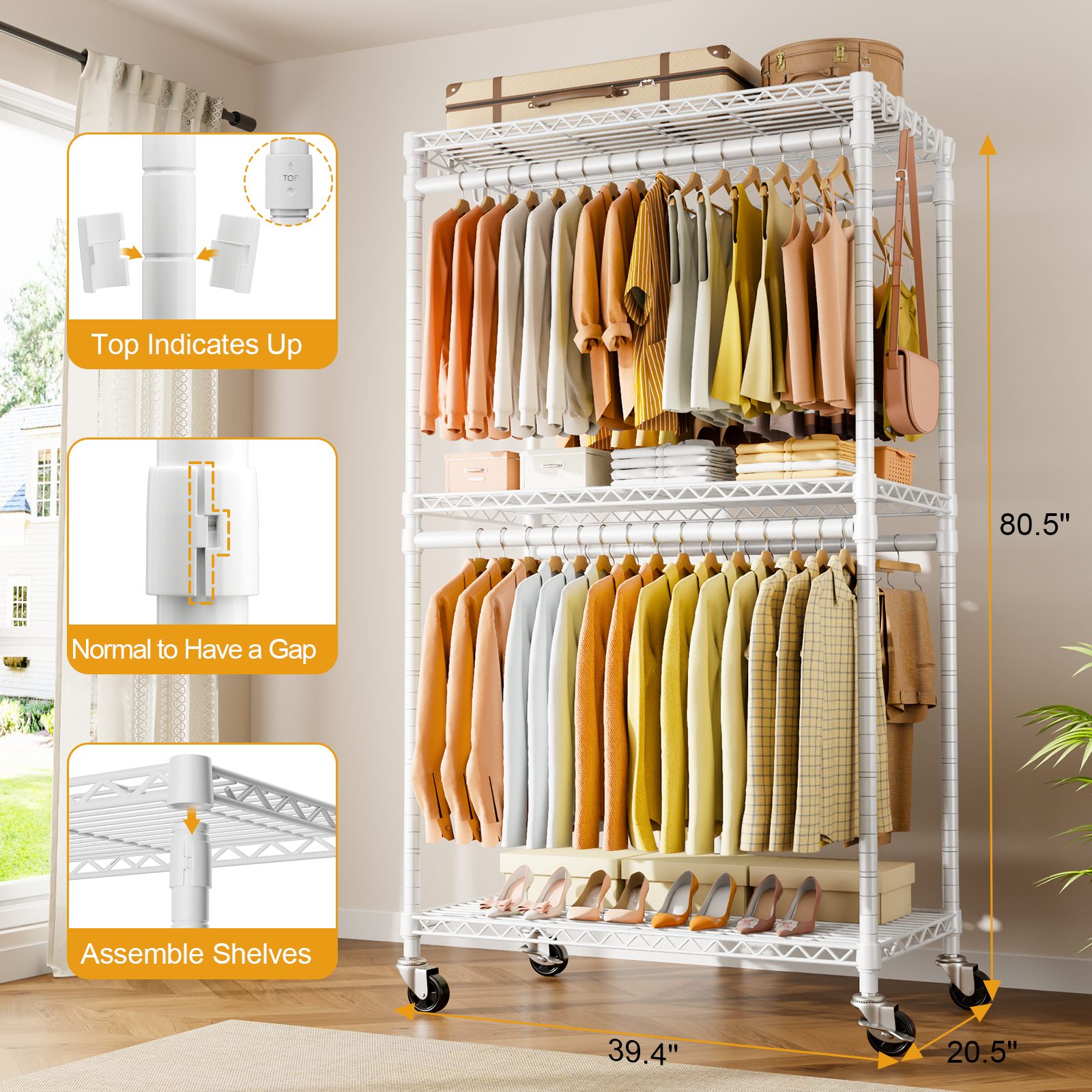 P5 39.4"W Single Column Garment Rack (Black), 655LBS Load, 3-Tier Shelves & 8 Side Hooks