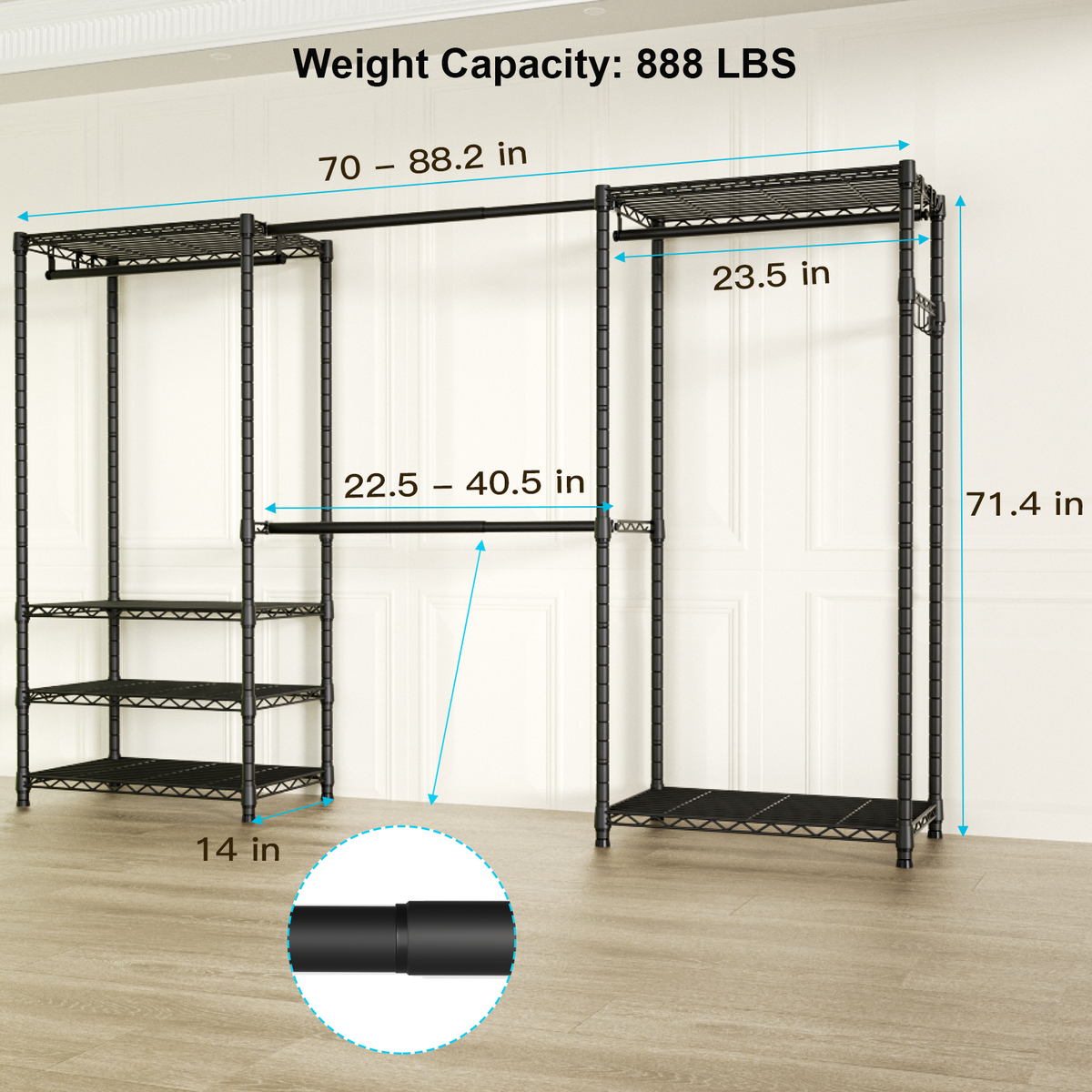 E1 70-88.2" Extendable Triple Column Garment Rack (Black), 6-Tier Shelves & 4 Hanger Rods
