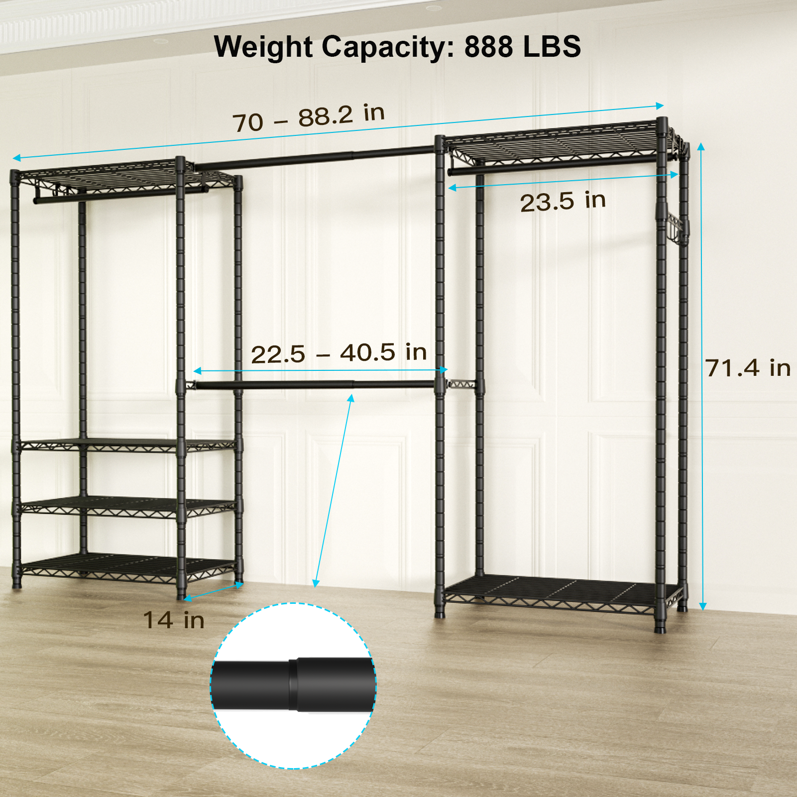 E1 70-88.2" Extendable Triple Column Garment Rack (Black), 6-Tier Shelves & 4 Hanger Rods