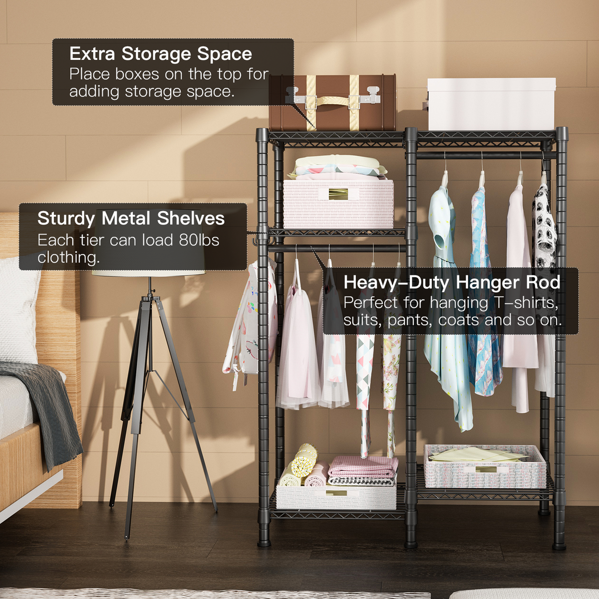 F1 Kids Double Column Garment Rack (Black), 4-Tier Shelves & 2 Hanger Rods, 40LBS per Shelf